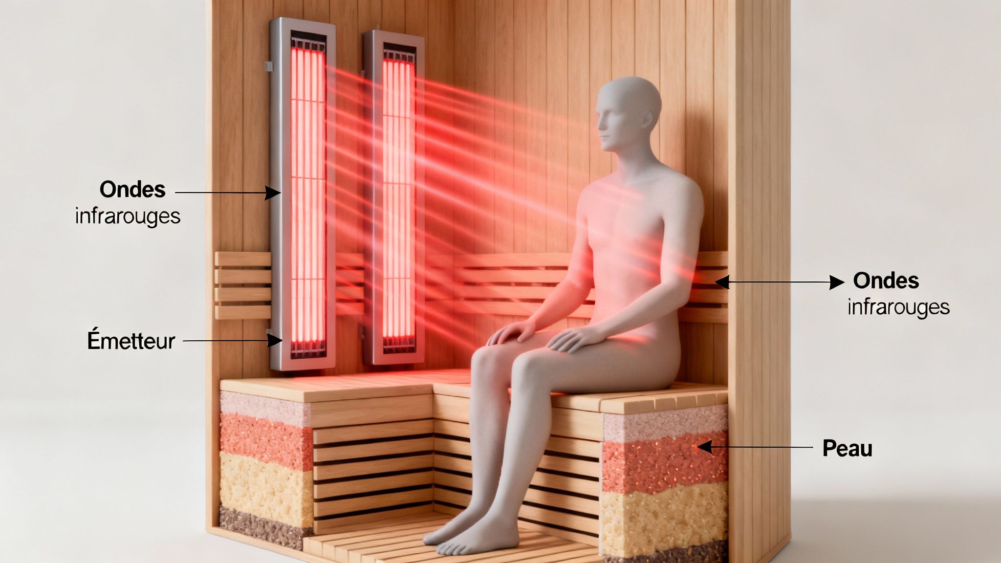 infrared sauna diagram - Sauna infrarouge: Guide rapide pour choisir le meilleur modèle Un homme nu dans un sauna infrarouge, recevant des ondes émises par des émetteurs, pénétrant sa peau.