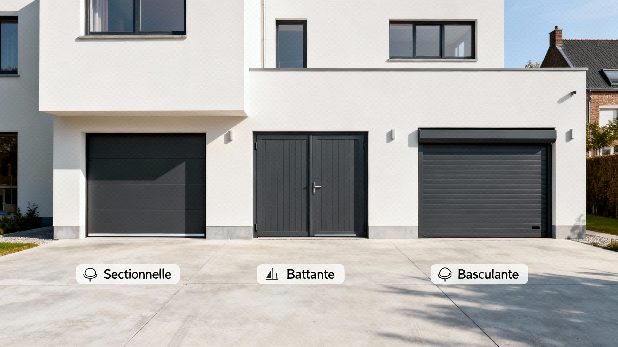Trois types de portes de garage (sectionnelle, battante, basculante) sur une maison moderne blanche.