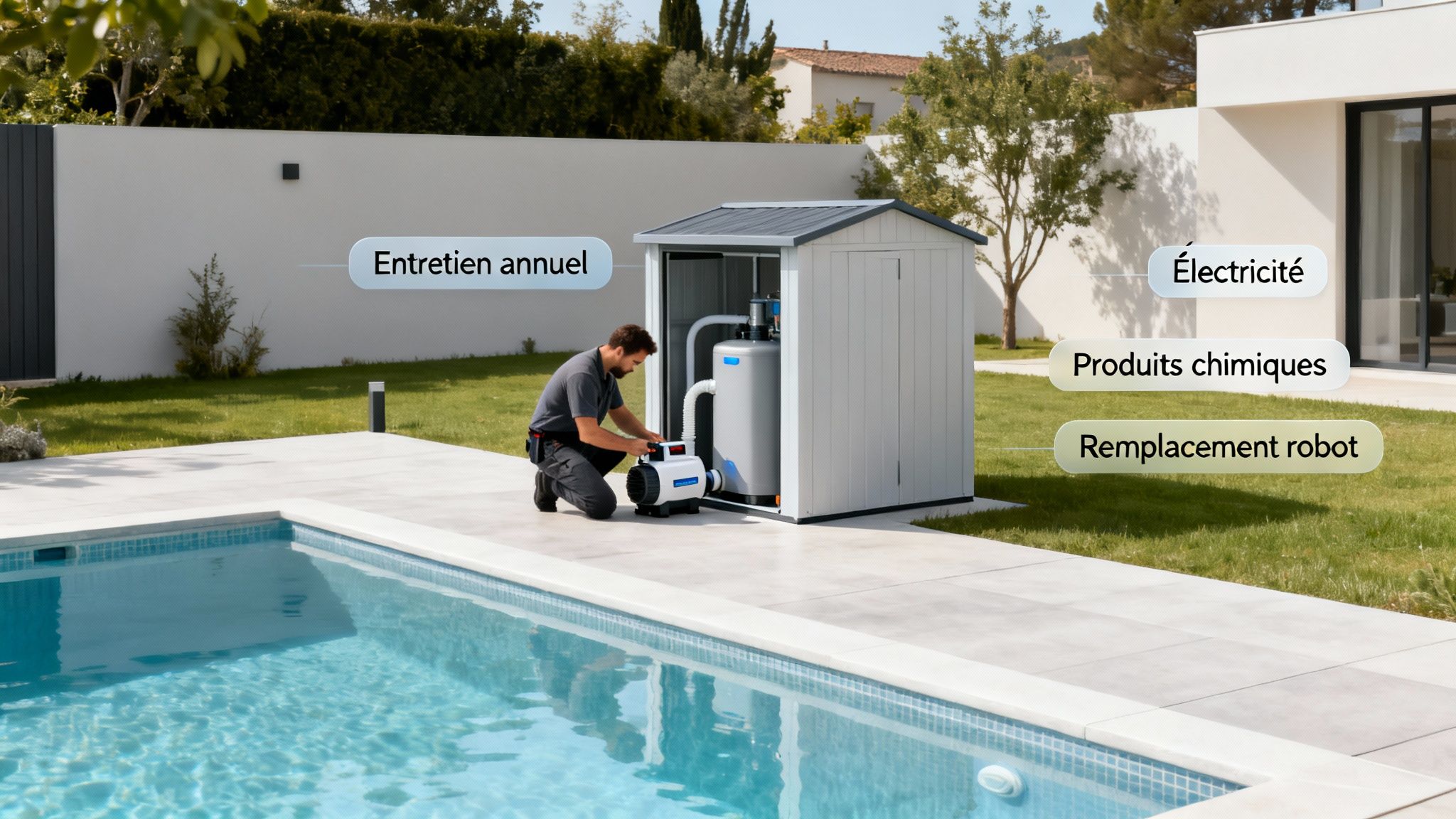 price for pool pool maintenance - Prix pour piscine: le coût réel en Belgique et au Luxembourg Un homme effectue l'entretien annuel de l'équipement d'une piscine extérieure, avec des bulles de texte mentionnant les coûts associés.