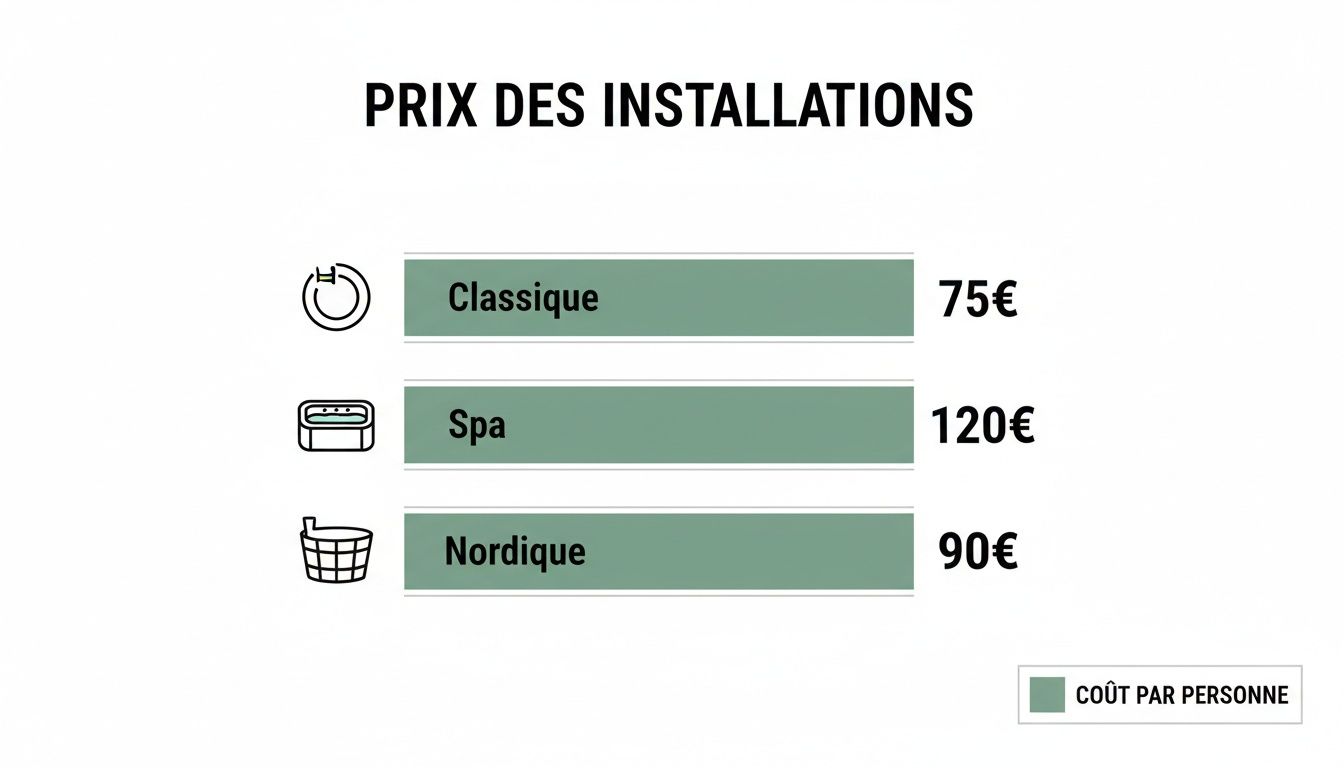 price for pool pricing - Prix pour piscine: le coût réel en Belgique et au Luxembourg Tableau affichant les prix des installations par personne : Classique (75€), Spa (120€), Nordique (90€).