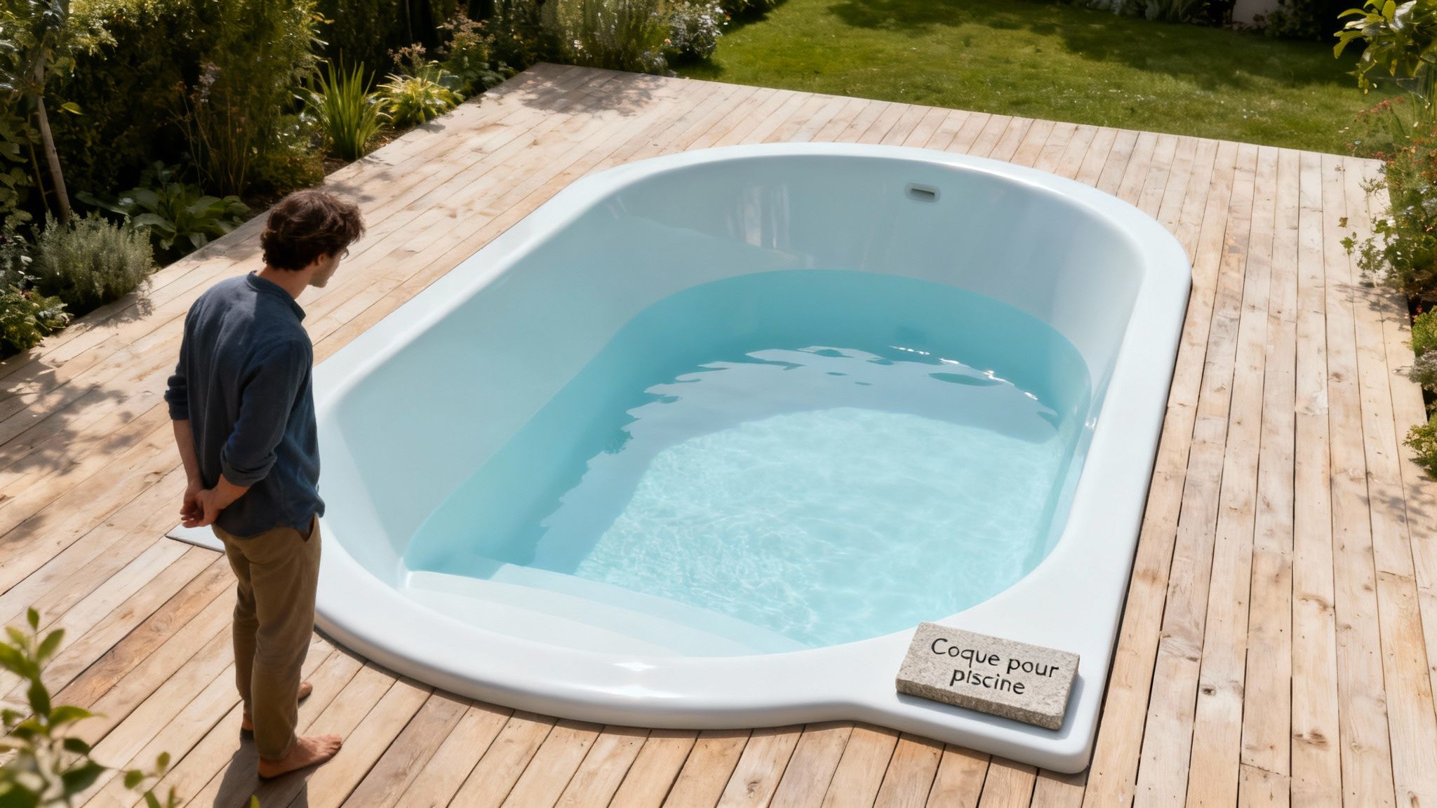 pool shell pool installation - Le guide ultime de la coque pour piscine et du bien-être extérieur Homme regardant une coque de piscine blanche installée dans une terrasse en bois, entourée de verdure.