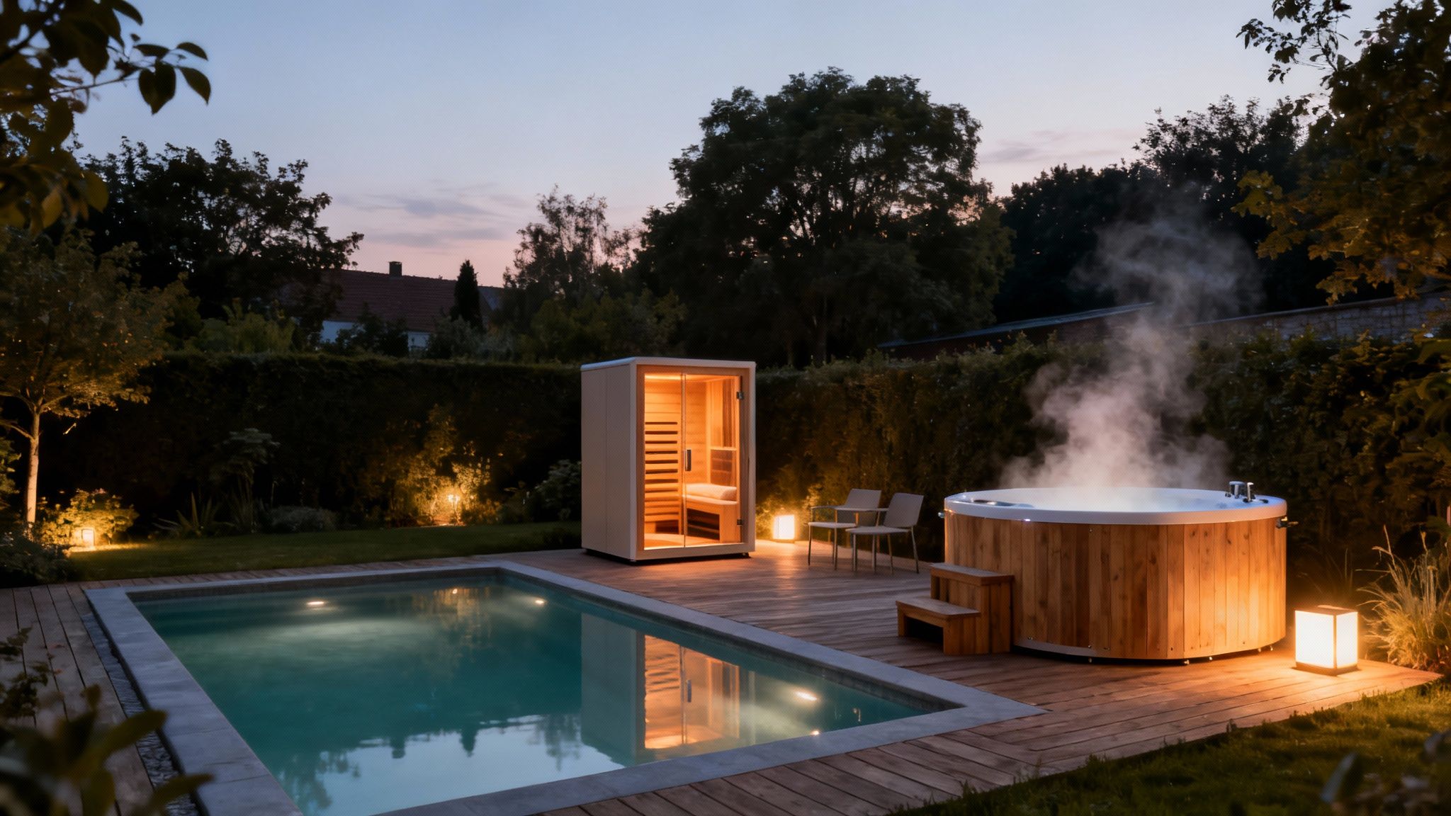 outdoor pool belgium outdoor spa - Piscine plein air belgique : Le guide pour créer votre oasis de bien-être Piscine, sauna et jacuzzi extérieurs éclairés au crépuscule dans un jardin pour la détente.