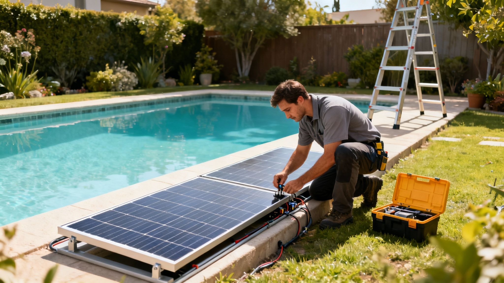 solar heating for pool installation - Chauffage solaire pour piscine: économie durable et confort pour spa, sauna et bain nordique Un homme installe des panneaux solaires pour chauffer une piscine dans un jardin ensoleillé.