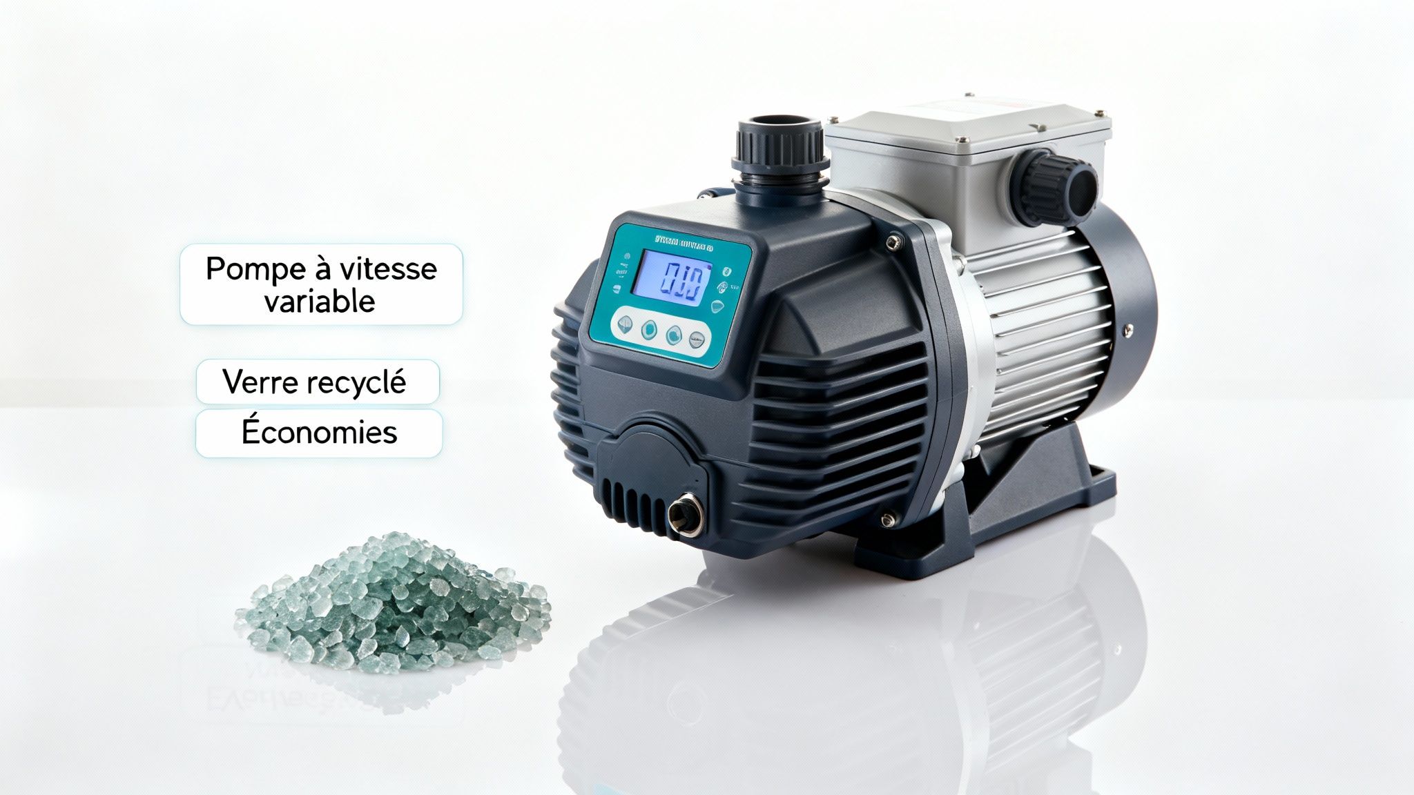 pool filter eco pump - Le guide complet du filtre pour piscine en 2024 Pompe à vitesse variable avec verre recyclé, soulignant efficacité énergétique et durabilité.