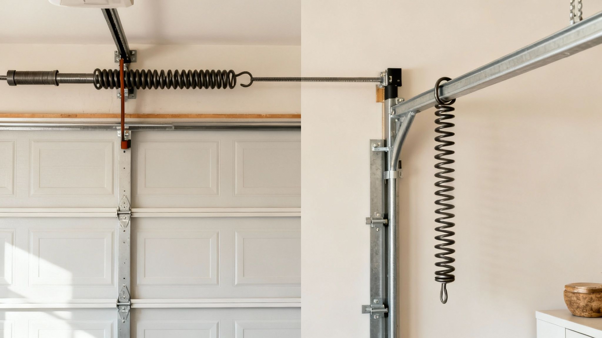Mécanisme de porte de garage, illustrant les ressorts de torsion et d'extension pour l'ouverture et la fermeture.