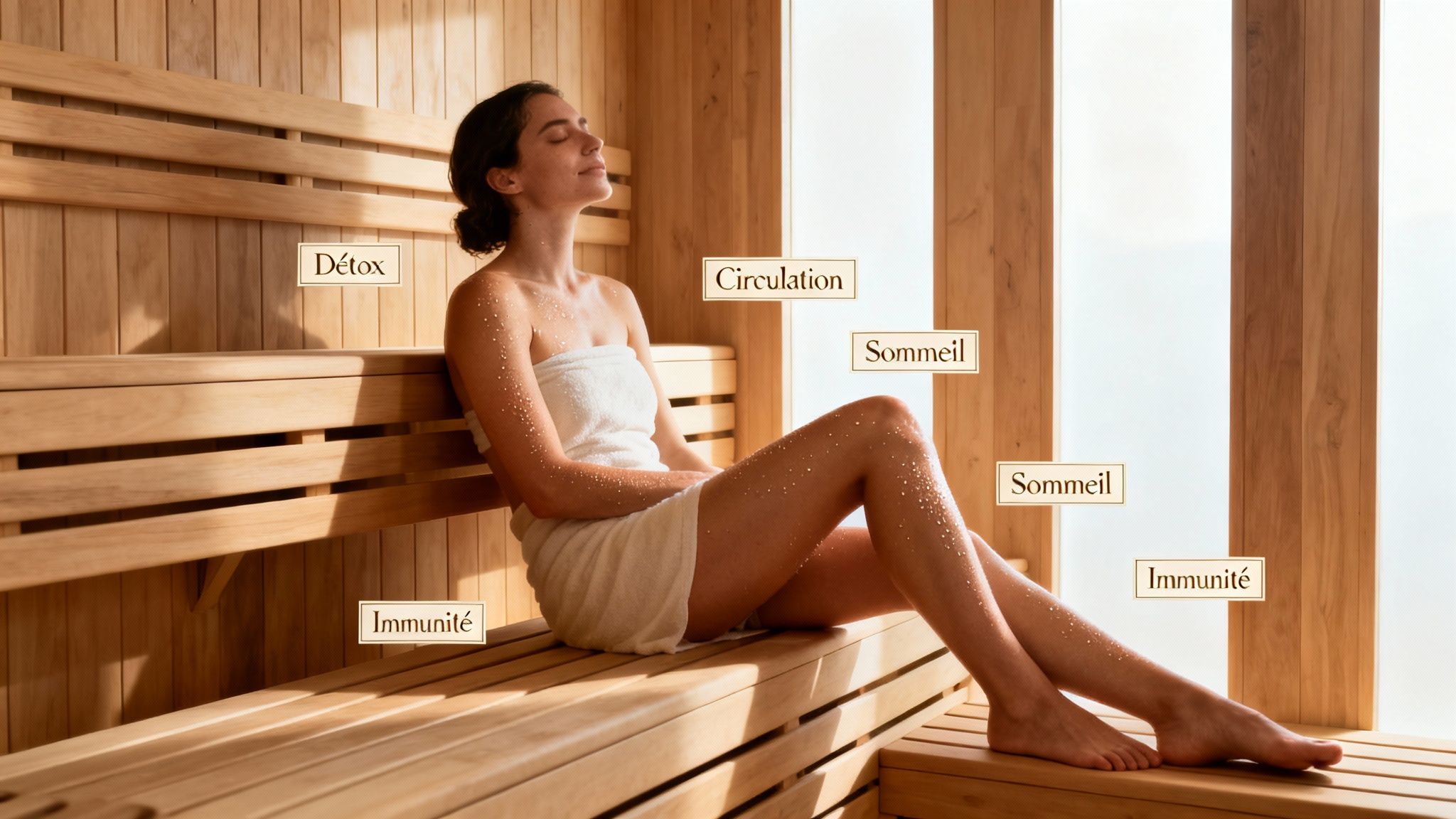 benefits of sauna wellness - Les bienfaits du sauna, spa et piscine pour le corps et l'esprit Une femme se détend dans un sauna en bois, affichant les bienfaits : détox, circulation, sommeil et immunité.