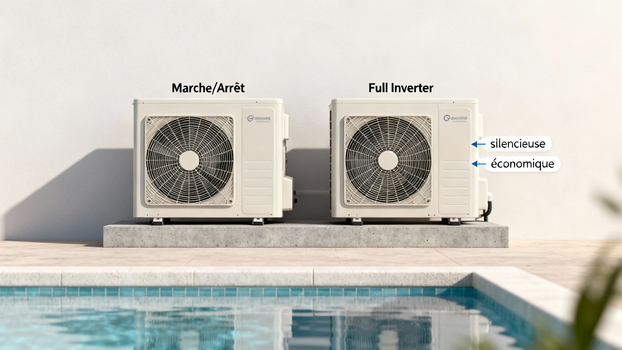 pool heat pump comparison - Le guide complet de la pompe à chaleur pour piscine, spa et bain nordique Deux pompes à chaleur pour piscine, l'une Marche/Arrêt et l'autre Full Inverter, comparées pour leurs avantages.