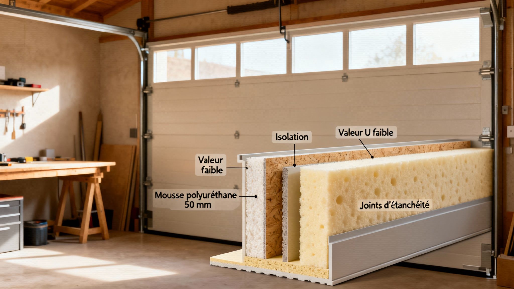 Vue en coupe d'une porte de garage sectionnelle isolée montrant la mousse polyuréthane, l'isolation et les joints pour une faible valeur U.