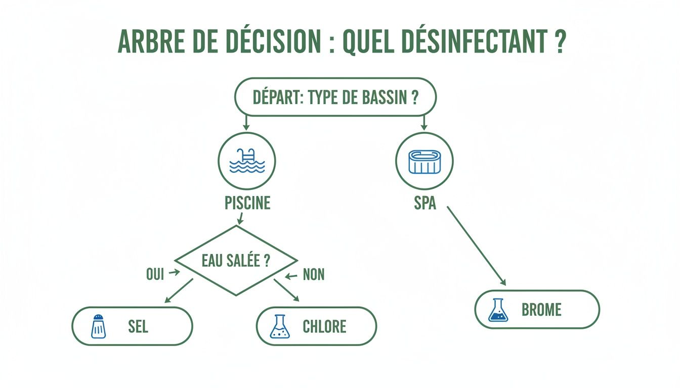 pool product disinfectant choice - Le bon produit pour la piscine, le spa et le bain nordique pour une eau parfaite Arbre de décision simple pour choisir le désinfectant idéal pour piscine ou spa, entre sel, chlore et brome.