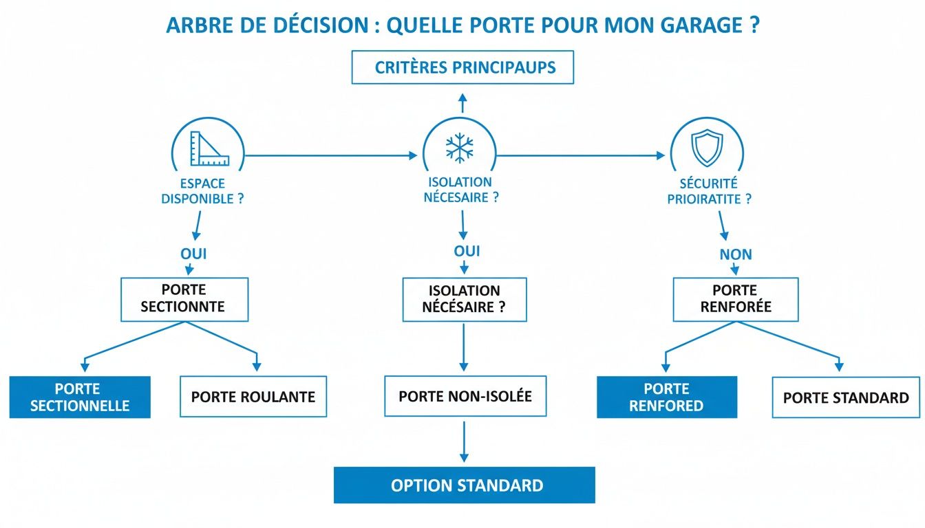 Diagramme de décision pour choisir une porte de garage selon des critères clés comme l'espace, l'isolation et la sécurité.