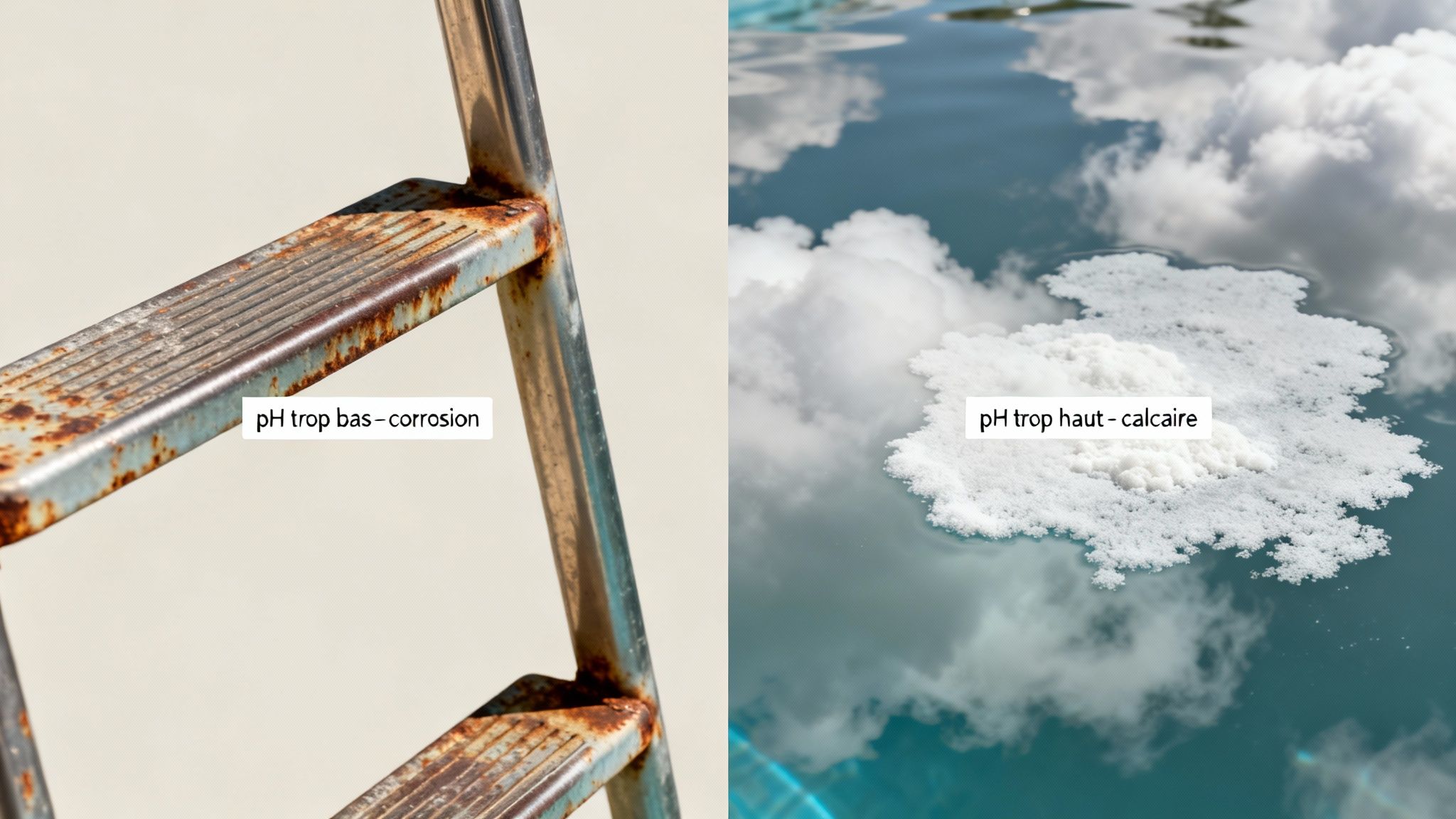 ph for pool ph problems - Le guide du pH pour piscine pour une eau saine et limpide Deux images montrant les effets d'un pH de piscine déséquilibré : corrosion due à un pH bas, calcaire à un pH haut.