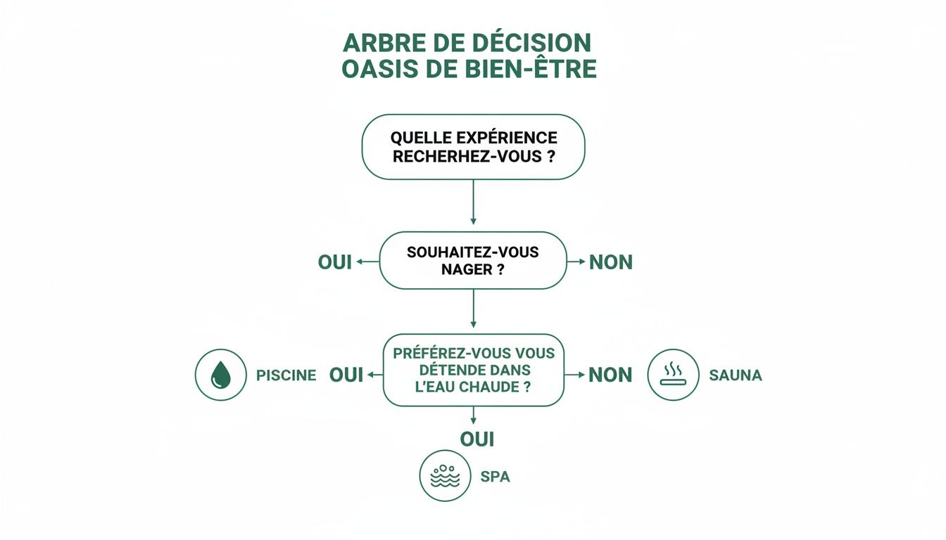 outdoor pool belgium decision tree - Piscine plein air belgique : Le guide pour créer votre oasis de bien-être Arbre de décision pour un oasis de bien-être, guidant vers piscine, sauna ou spa selon les préférences.