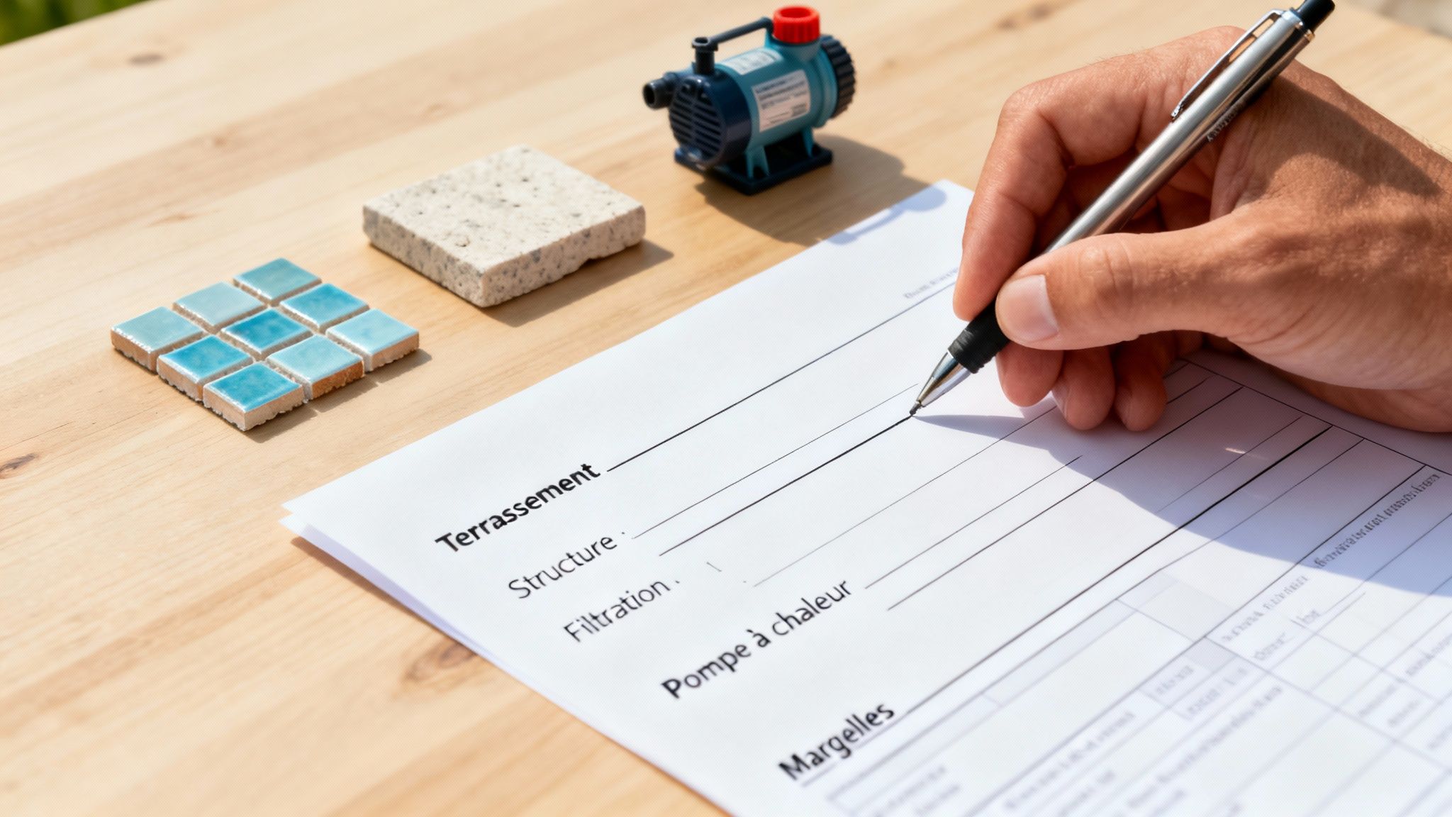 price for pool pool planning - Prix pour piscine: le coût réel en Belgique et au Luxembourg Main d'homme écrivant sur un formulaire de devis pour piscine avec échantillons de carrelage et pompe.
