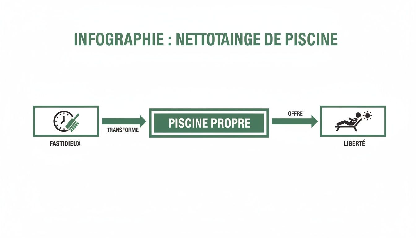 cordless pool robot pool infographic - Le guide du robot piscine sans fil pour une eau impeccable Infographie montrant la transformation d'une tâche de nettoyage de piscine fastidieuse en liberté grâce à une piscine propre.
