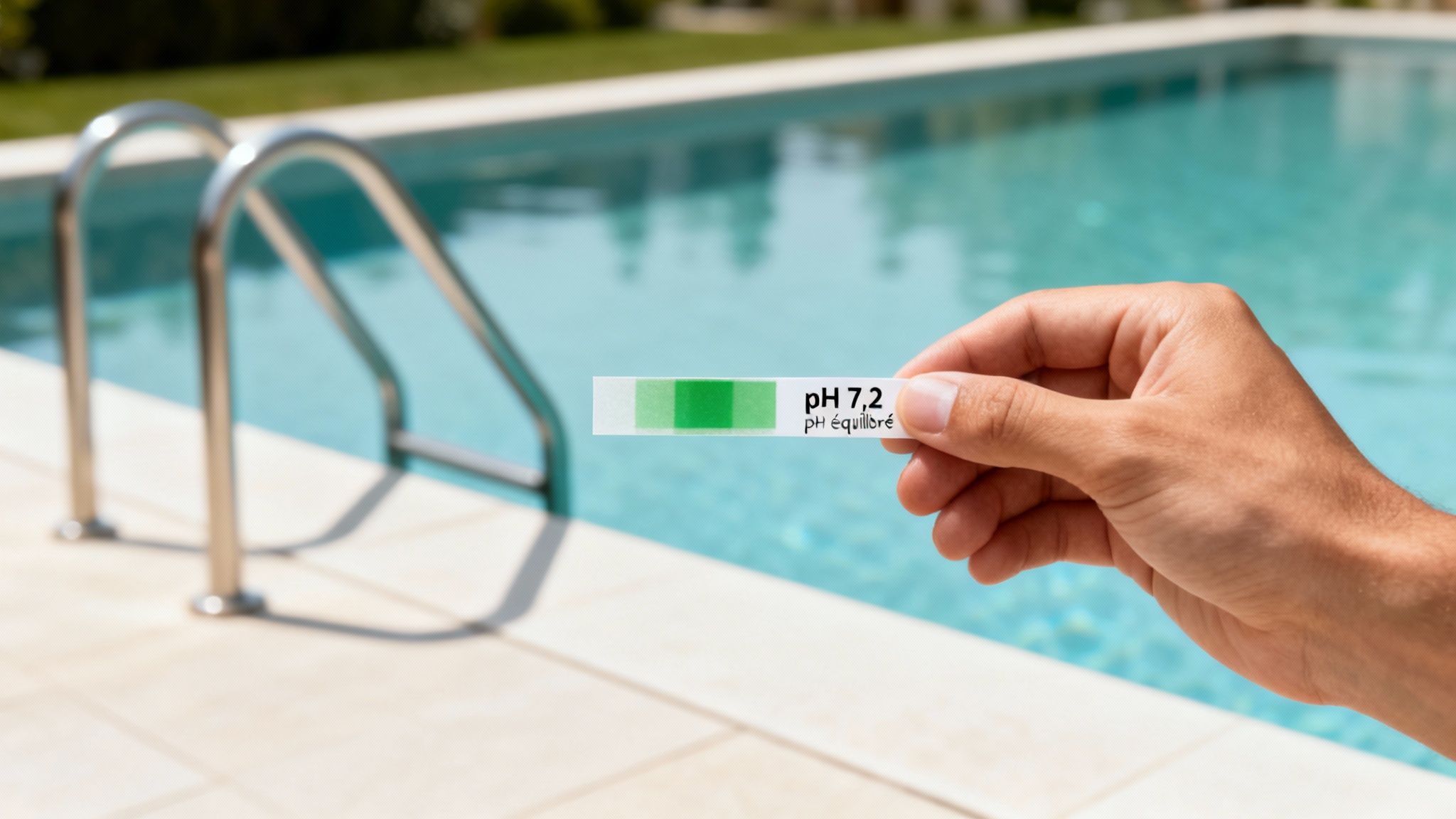 ph for pool pool test - Le guide du pH pour piscine pour une eau saine et limpide Main tenant une bandelette de test pH 7,2 équilibré devant une piscine avec escalier.