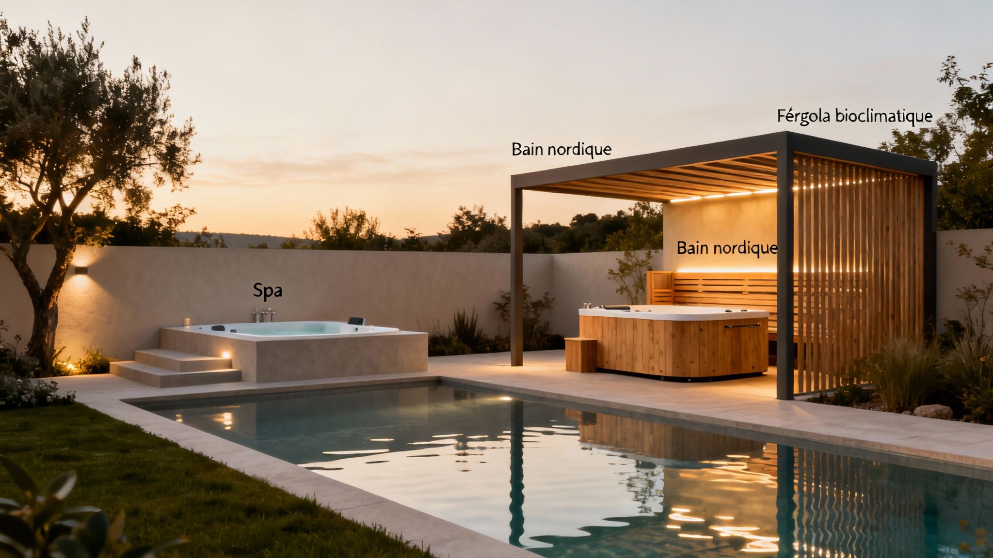 swimming pool for garden pool spa - Découvrez la piscine pour jardin: guide essentiel pour choisir et installer Vue d'une piscine extérieure moderne avec spa intégré et bain nordique sous une pergola bioclimatique au coucher du soleil.