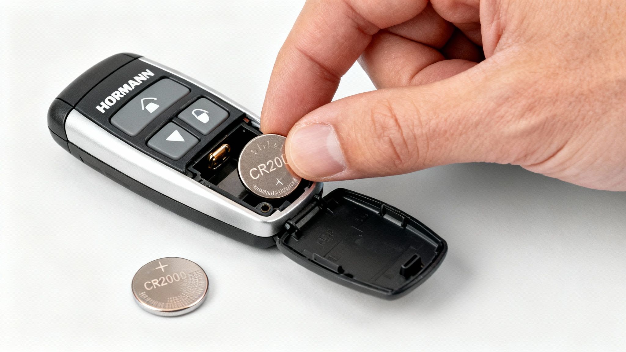 Une main insérant une pile CR2000 dans une télécommande Hörmann pour porte de garage, une autre pile à côté.