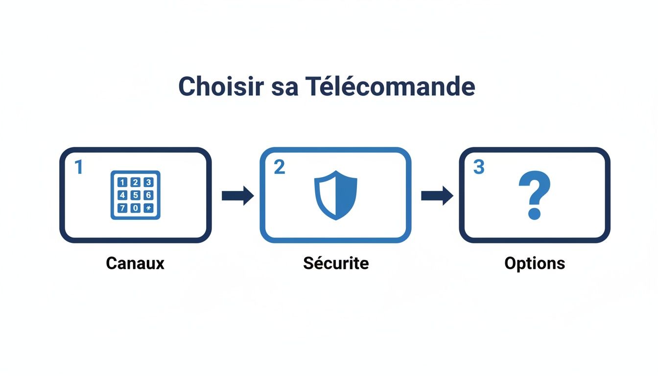 Illustration montrant les trois étapes pour choisir une télécommande : canaux, sécurité et options.