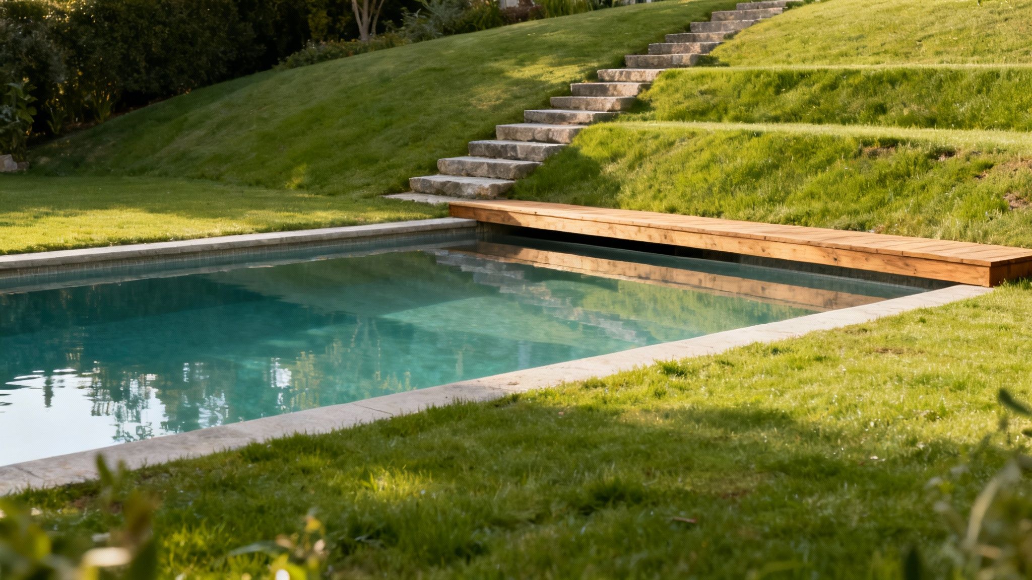 semi buried pool pool garden - Le guide complet de la piscine semi enterrée pour votre jardin Piscine semi-enterrée moderne avec margelles claires, entourée d'une pelouse verte luxuriante.