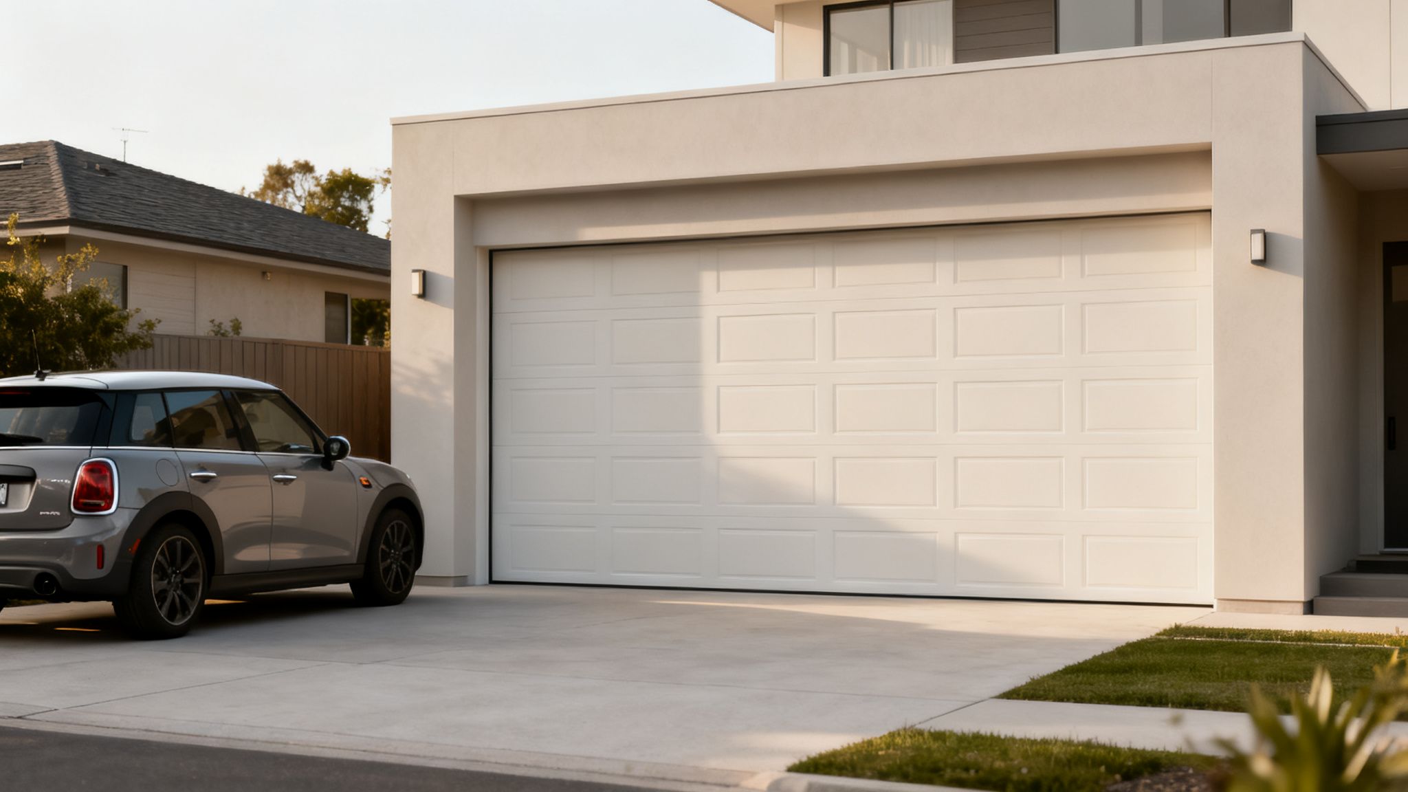 Une maison moderne avec une porte de garage blanche, un Mini Cooper gris garé sur l'allée en béton.