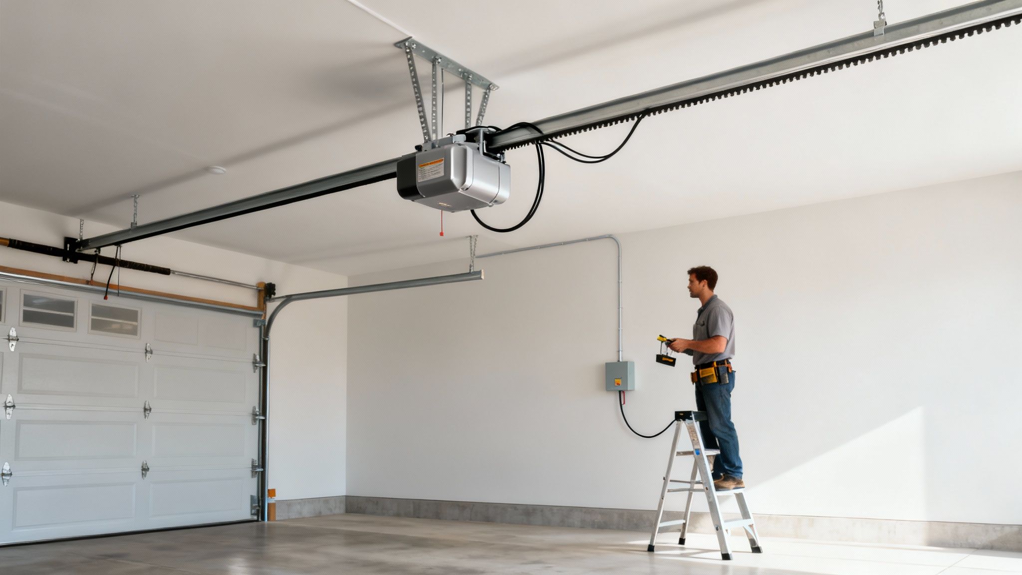Un homme sur une échelle installe ou répare un ouvre-porte de garage moderne dans un garage lumineux.