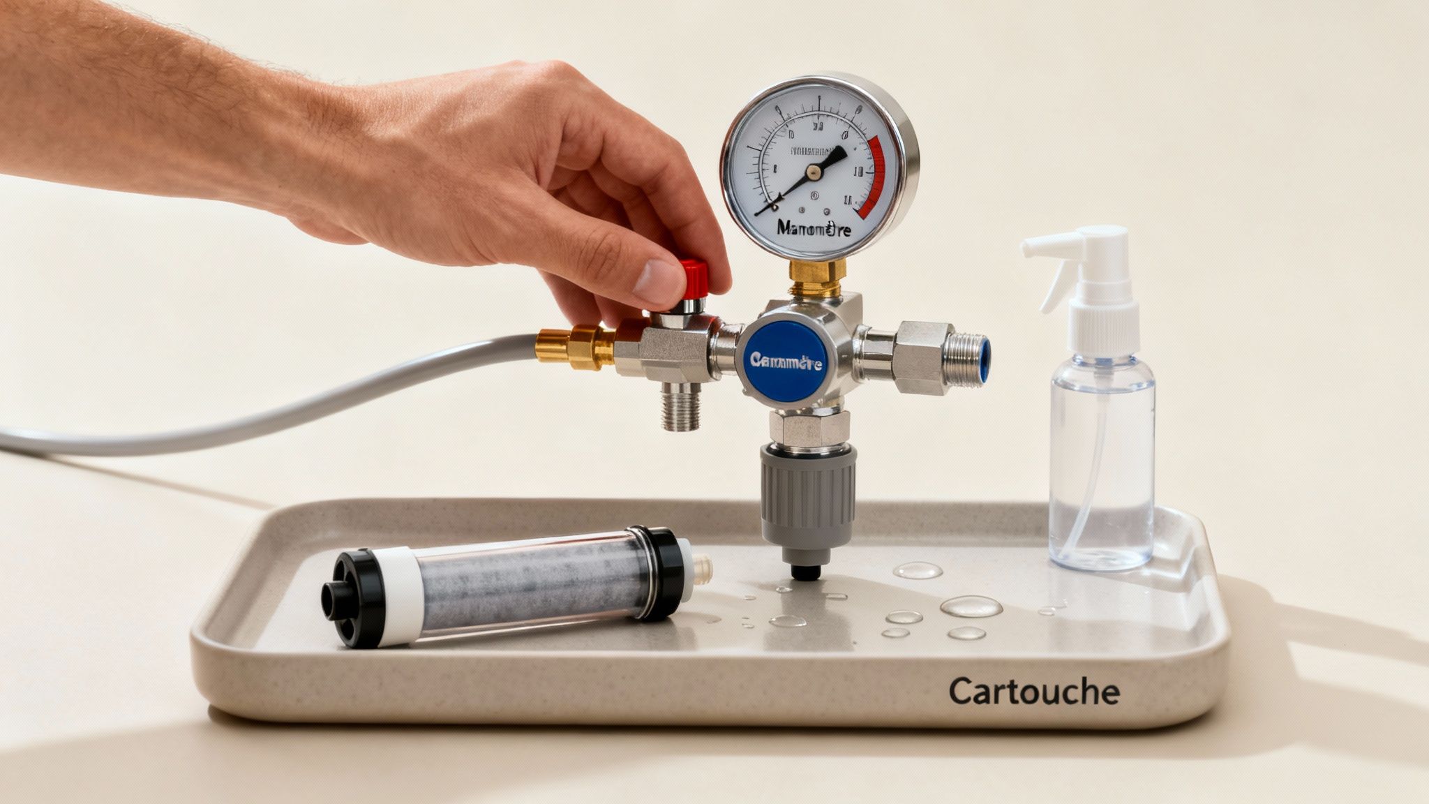 pool filter filter test - Le guide complet du filtre pour piscine en 2024 Main ajustant un robinet sur un testeur de filtre à eau, avec manomètre et cartouche sur un plateau Cartouche.