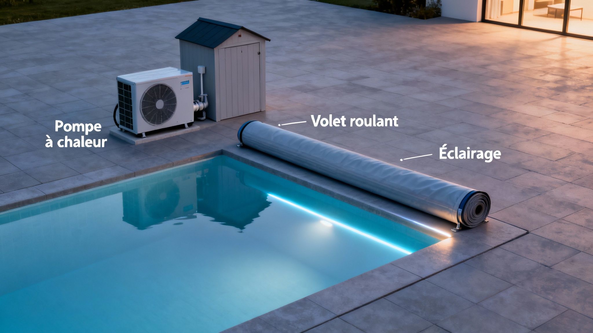 inground pool price pool equipment - Prix piscine enterrée : Le guide complet du budget bien-être (piscine, spa, sauna) Piscine moderne équipée d'une pompe à chaleur, d'un volet roulant de sécurité et d'un éclairage sous-marin élégant.