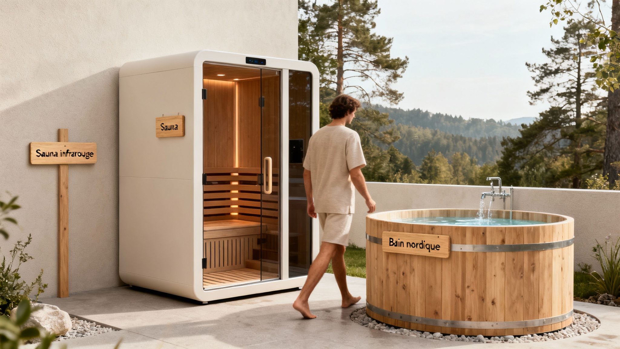 how long to stay in an infrared sauna outdoor spa - Combien de temps peut on rester dans un sauna infrarouge: conseils et sécurité Un homme marche pieds nus sur une terrasse extérieure vers un bain nordique, à côté d'un sauna infrarouge moderne.