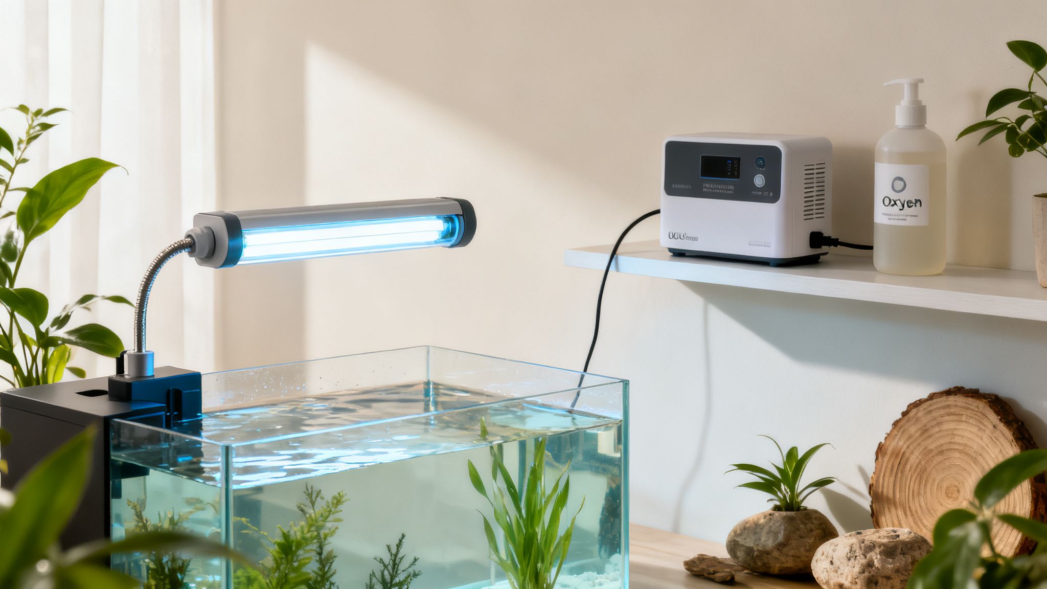 pool product aquarium setup - Le bon produit pour la piscine, le spa et le bain nordique pour une eau parfaite Un aquarium moderne avec des plantes aquatiques éclairé par une lumière LED bleue, un appareil d'oxygénation et une bouteille d'oxygène sur une étagère.