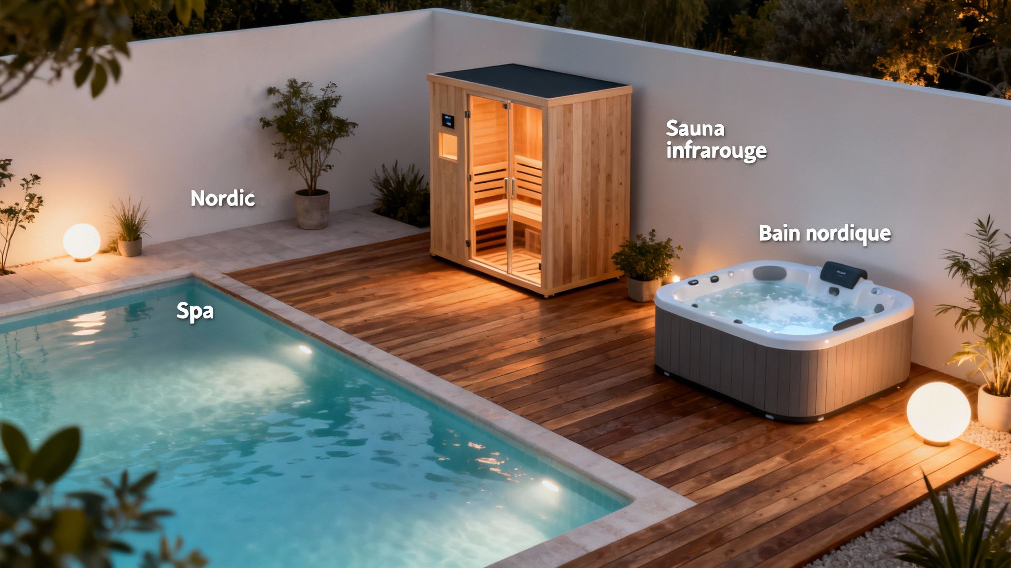 pool kit wellness area - Piscine en kit en Belgique guide pour un projet réussi Aménagement extérieur moderne avec piscine, sauna infrarouge et bain nordique illuminés en soirée.