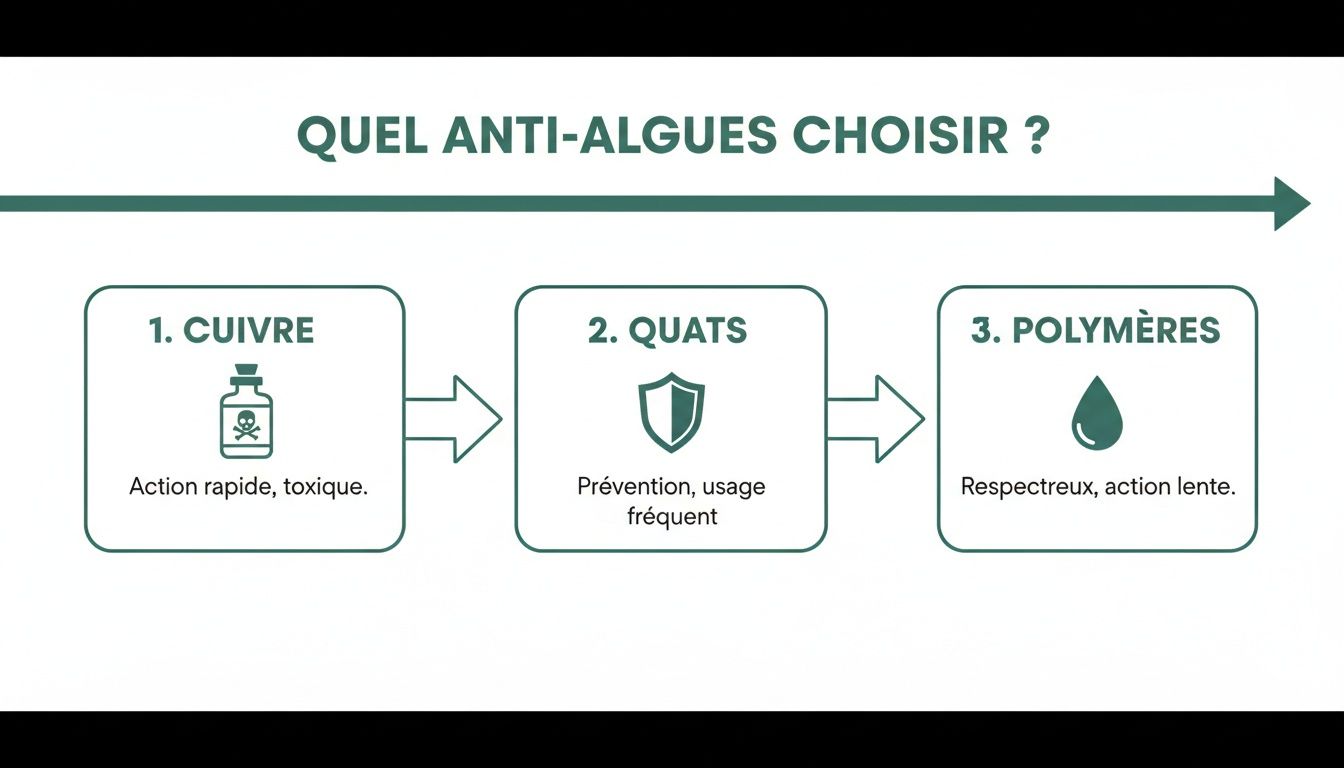 anti algae for swimming pool algae choice - Le guide complet de l'anti algues pour piscine, spa et bain nordique Diagramme expliquant comment choisir un anti-algues pour piscine, comparant le cuivre, les quats et les polymères avec leurs propriétés.