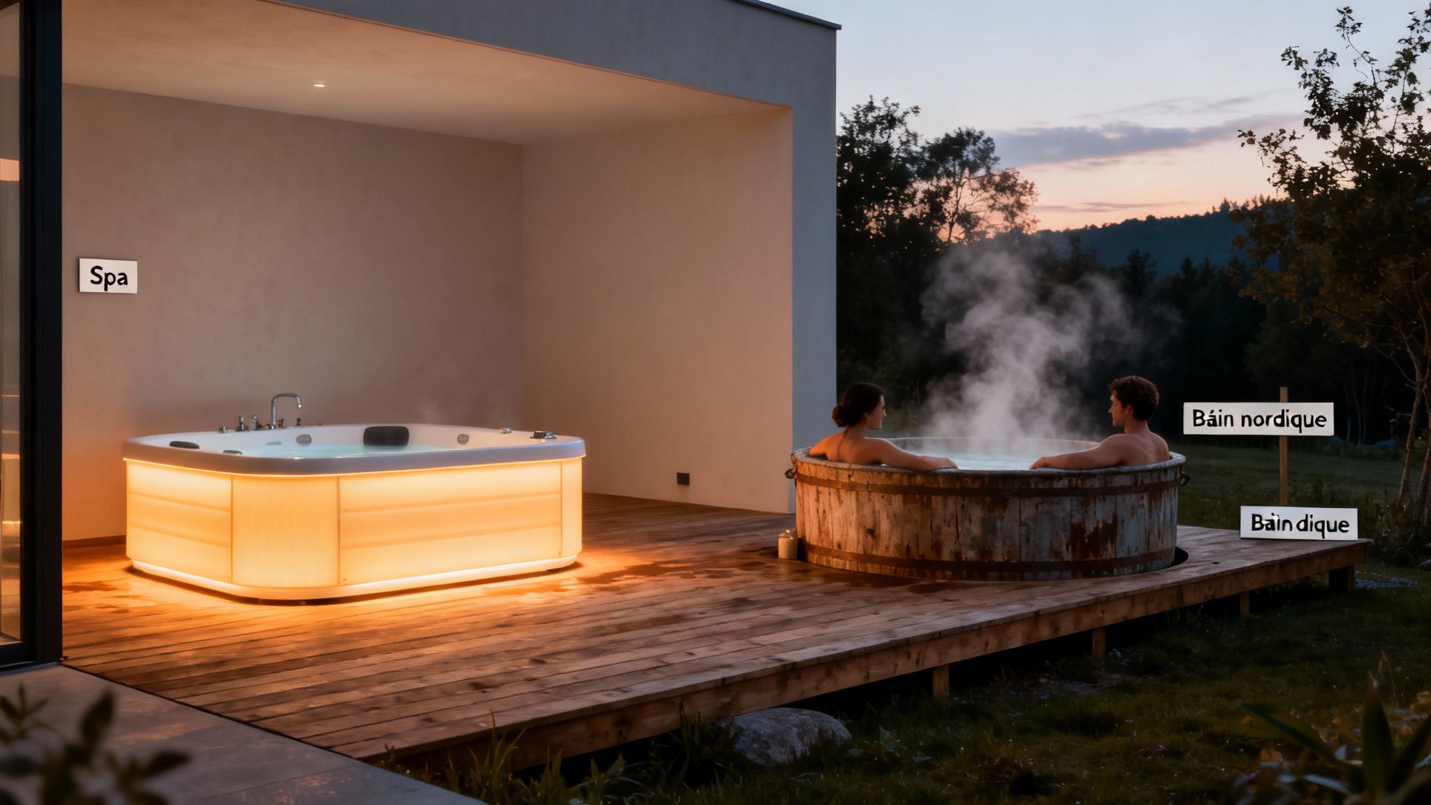 benefits of sauna outdoor spas - Les bienfaits du sauna, spa et piscine pour le corps et l'esprit Deux bains relaxants, un spa moderne éclairé et un bain nordique en bois, sur une terrasse extérieure au crépuscule.