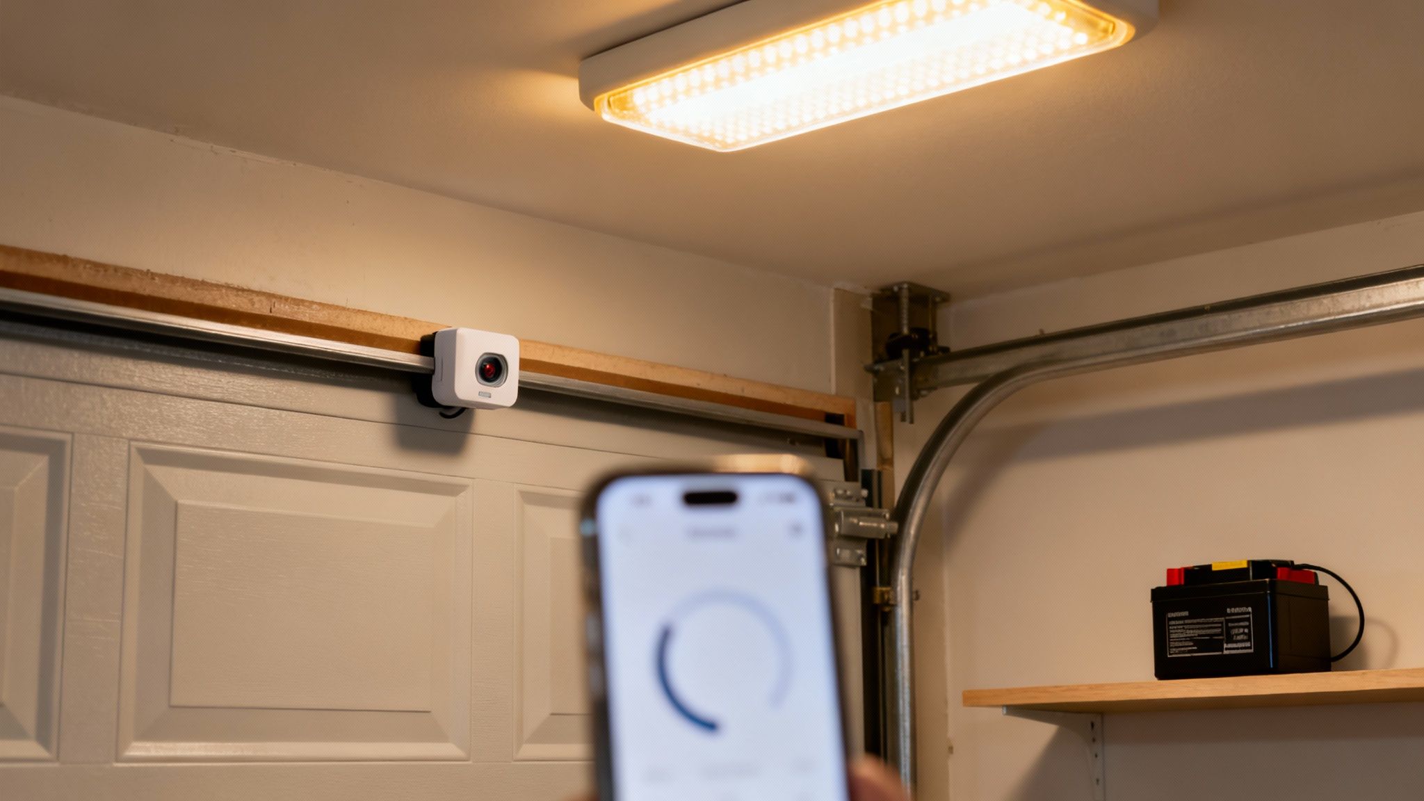 Intérieur de garage avec caméra de sécurité, éclairage au plafond, et un smartphone contrôlant la porte.