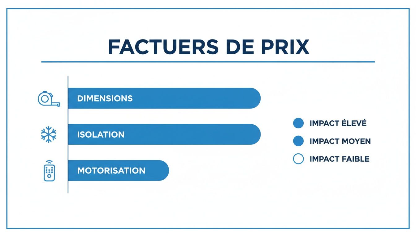 Infographie présentant les facteurs de prix pour un produit, détaillant l'impact des dimensions, de l'isolation et de la motorisation.