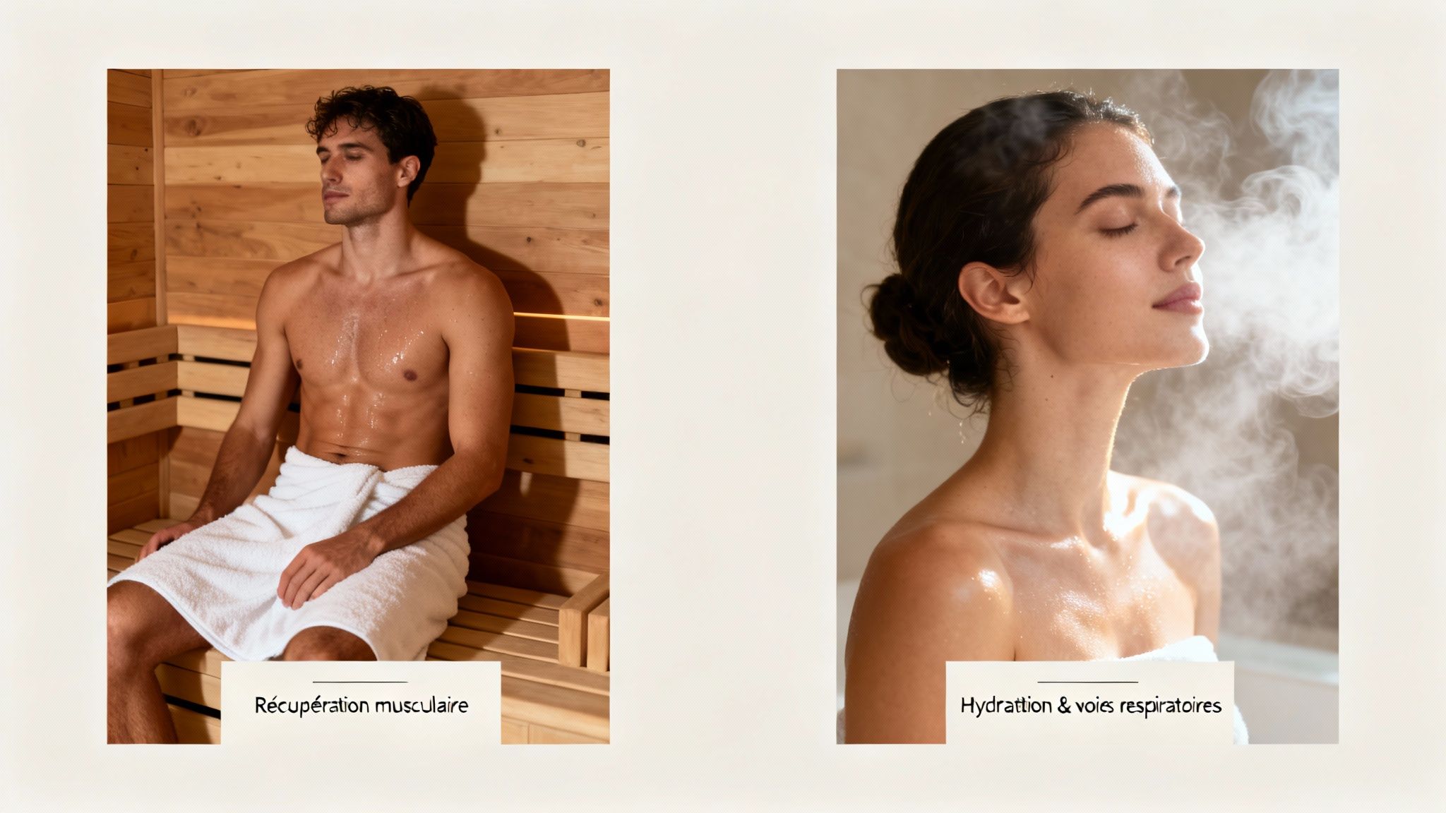 difference between sauna and hammam sauna hammam - Quelle différence entre sauna et hammam pour votre espace bien-être Un homme relaxant dans un sauna en bois et une femme dans un hammam vapeur, illustrant leurs bienfaits.