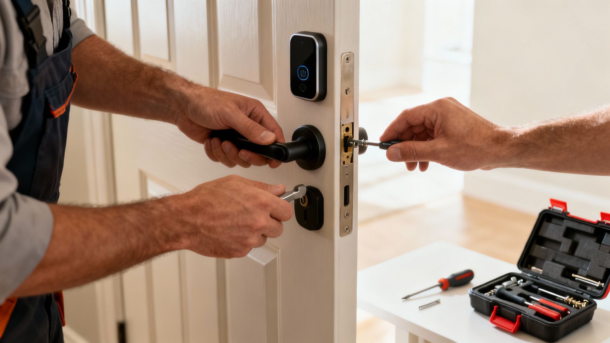 Des mains installent une poignée de porte noire et un système de contrôle d'accès intelligent.