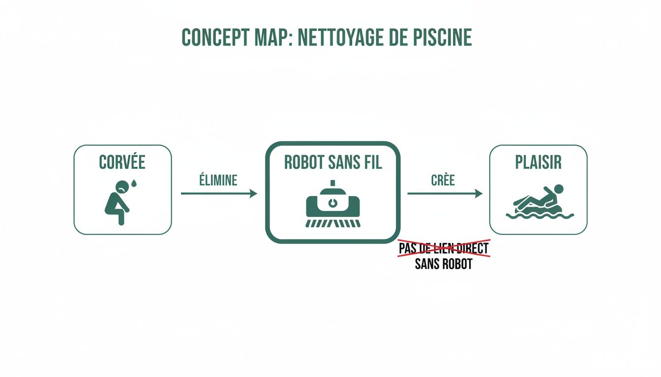 wireless robot for pool concept map - Le guide ultime du robot sans fil pour piscine pour un nettoyage parfait Carte conceptuelle montrant comment un robot de piscine sans fil élimine la corvée et crée du plaisir.