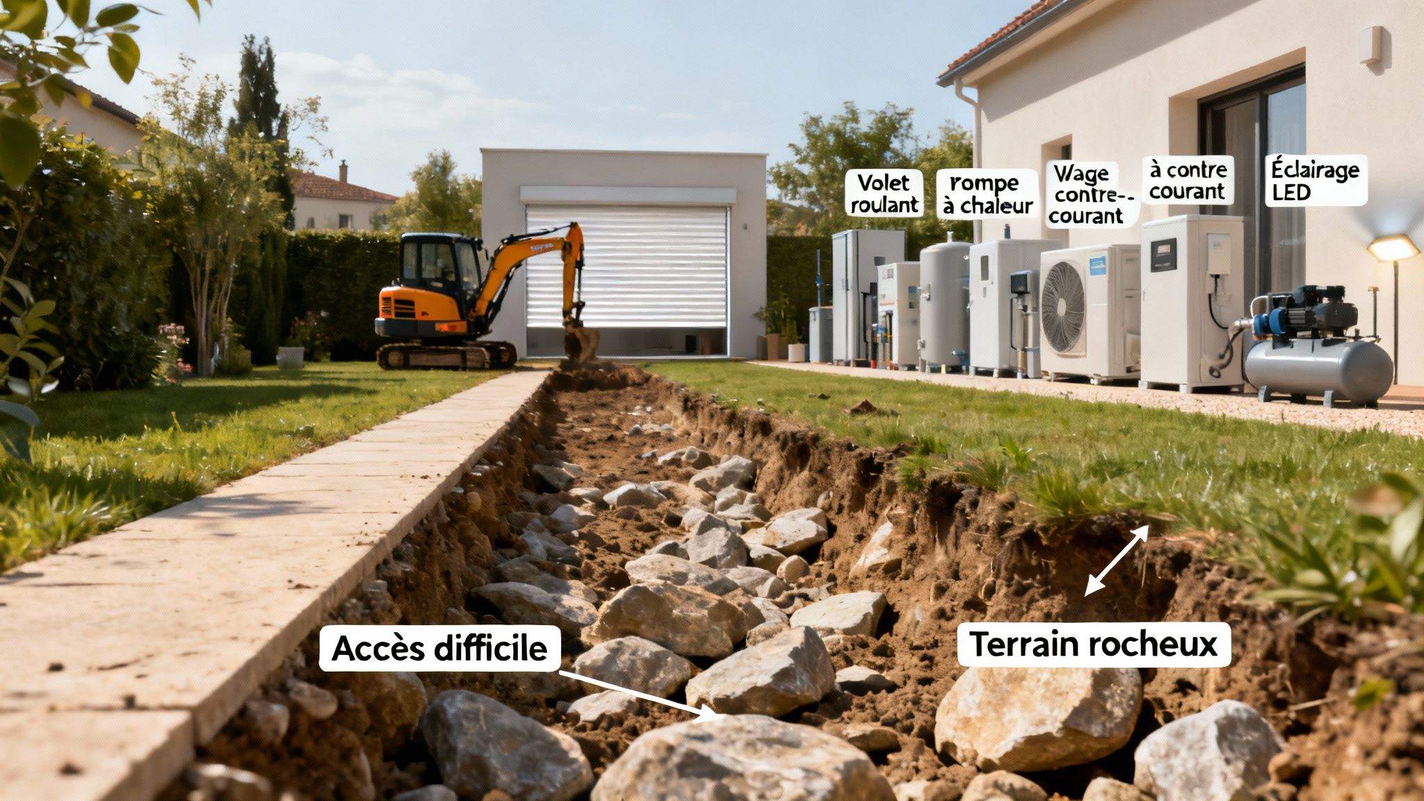 fiberglass pool price belgium trench digging - Prix piscine coque belgique: Le guide complet pour votre espace bien-être Jardin avec mini-pelle creusant une tranchée rocheuse, montrant des équipements extérieurs (pompes à chaleur) et des défis d'installation.