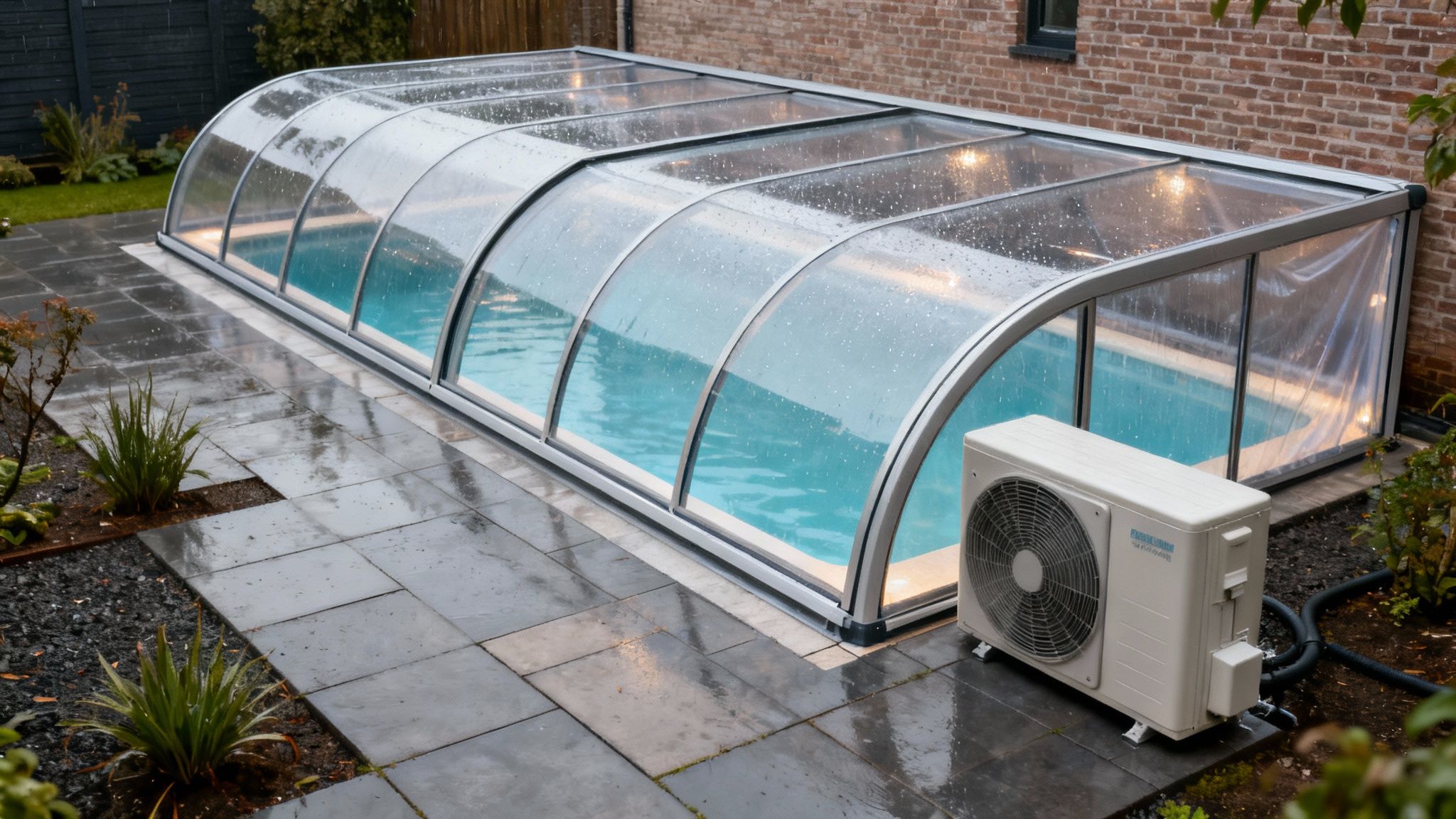 outdoor pool belgium pool cover - Piscine plein air belgique : Le guide pour créer votre oasis de bien-être Piscine extérieure couverte d'un abri transparent, avec une pompe à chaleur et des dalles humides.