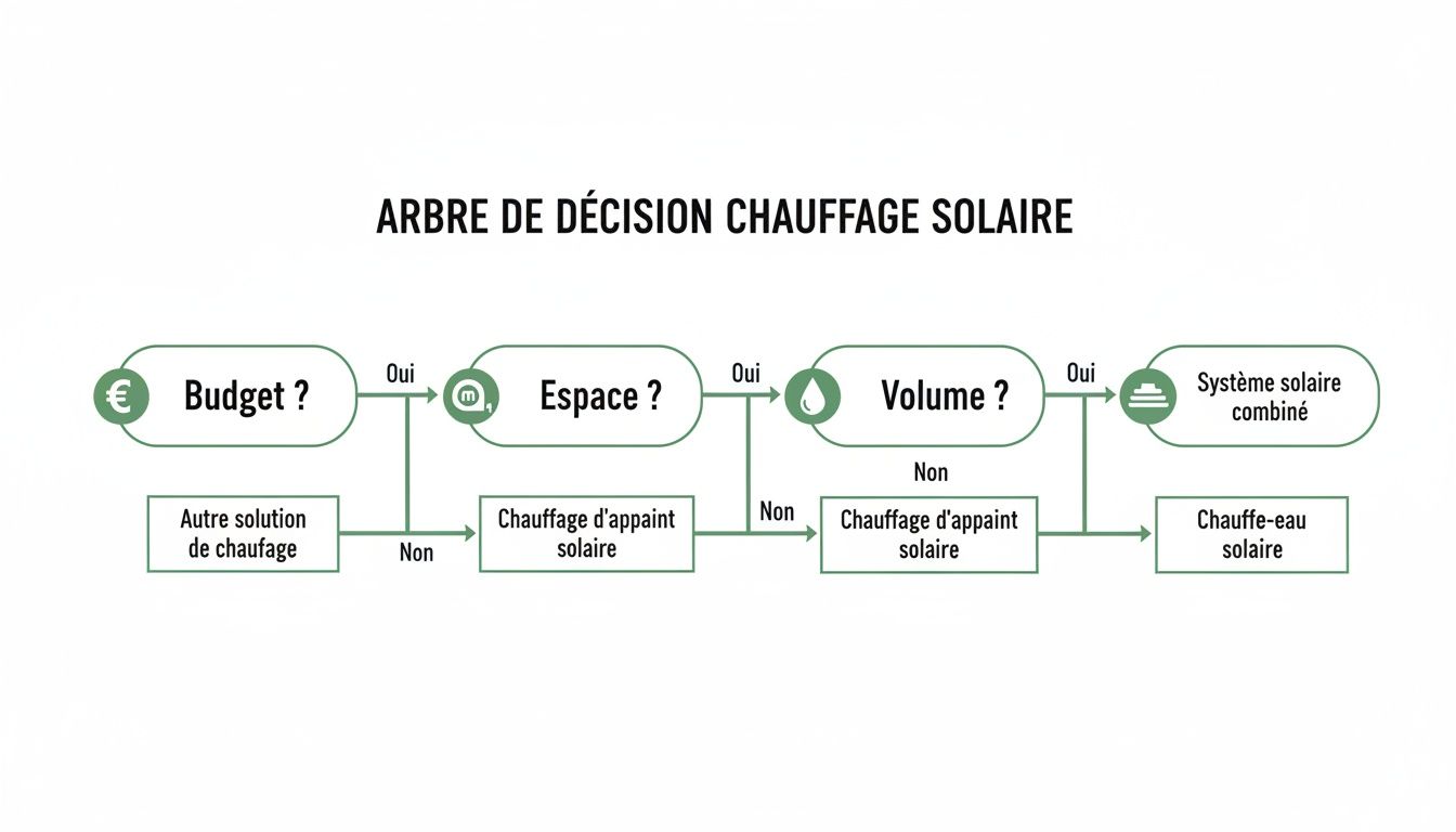 solar heating for pool decision tree - Chauffage solaire pour piscine: économie durable et confort pour spa, sauna et bain nordique Diagramme de décision pour choisir une solution de chauffage solaire adaptée à votre budget, espace et volume.