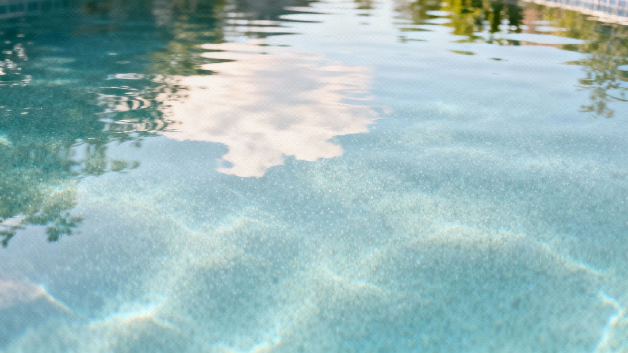 swimming pool murky water pool water - Piscine eau trouble: Causes et plan d'action pour une eau claire Eau de piscine turquoise et claire avec reflets de nuages et d'arbres, invitant à la baignade.