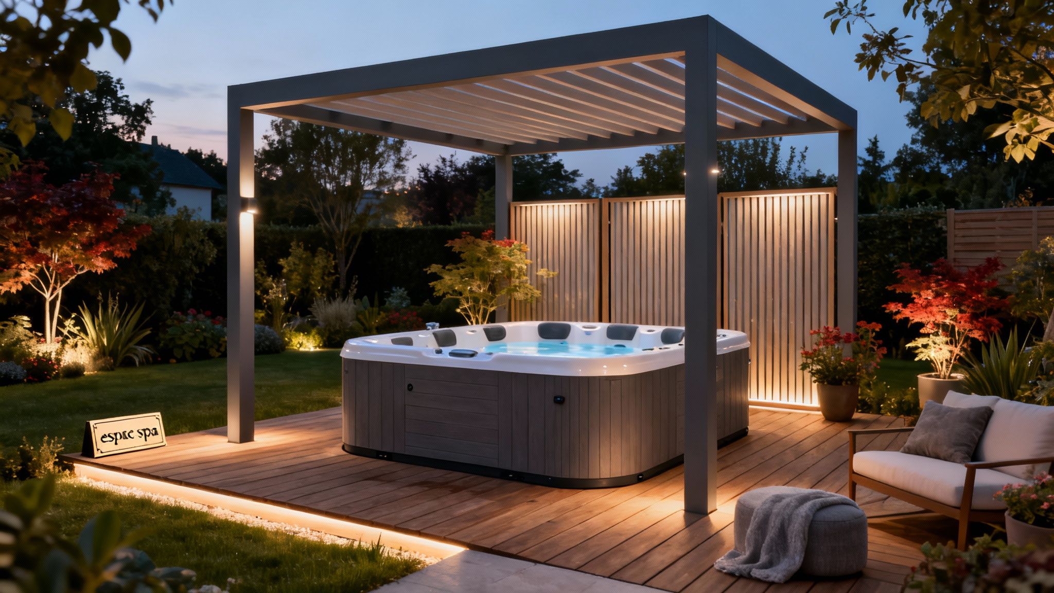 6 person jacuzzi hot tub - Le guide ultime du jacuzzi 6 personnes pour la Belgique et le Luxembourg Jacuzzi extérieur moderne sous une pergola éclairée au crépuscule, entouré d'un jardin luxuriant et d'un coin salon.