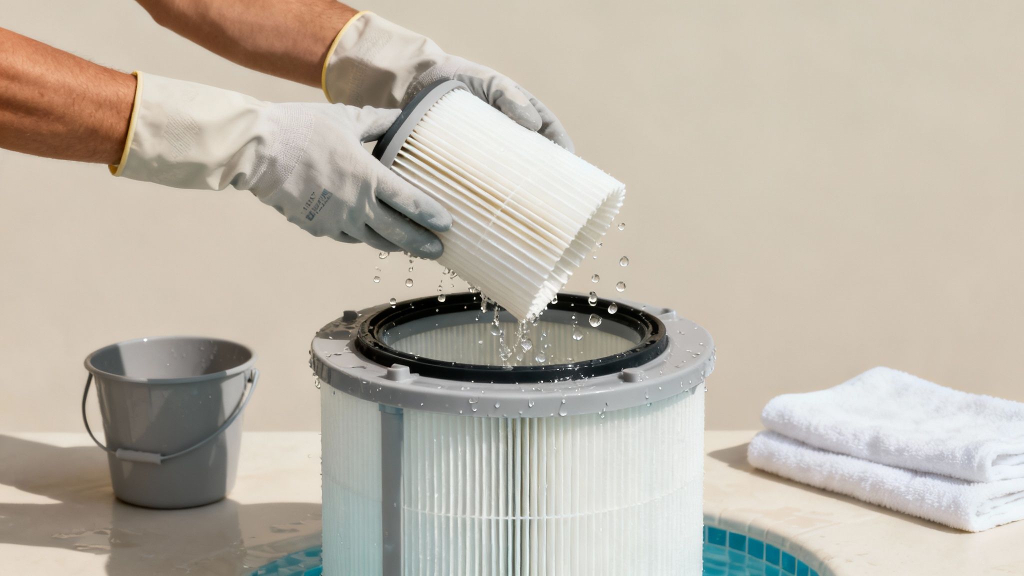 pool filter filter cleaning - Le guide complet du filtre à piscine pour une eau cristalline Mains gantées retirant un filtre de piscine propre et mouillé, avec des gouttelettes d'eau tombant.