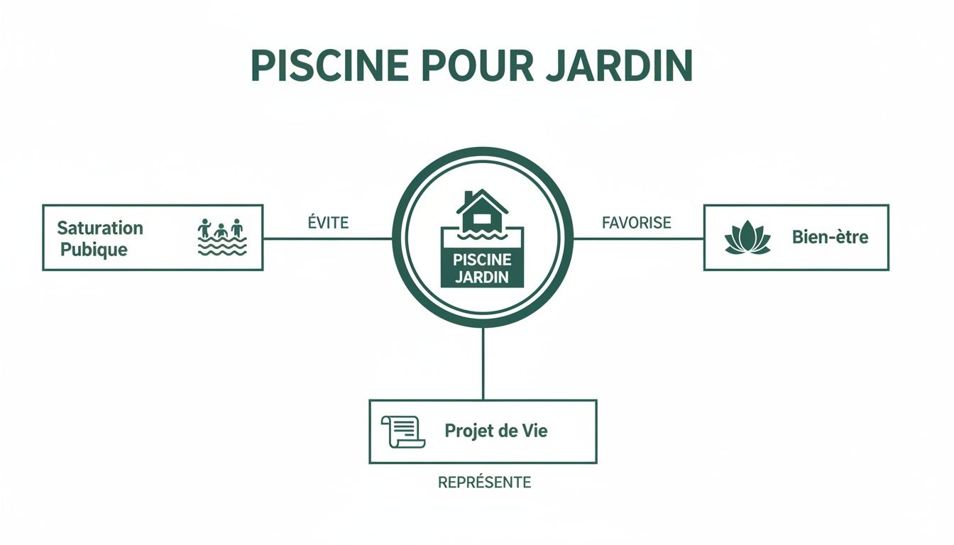 garden pool concept map - Découvrez la piscine pour jardin: guide essentiel pour choisir et installer Diagramme illustrant les avantages d'une piscine de jardin: évite la saturation publique, favorise le bien-être et représente un projet de vie.