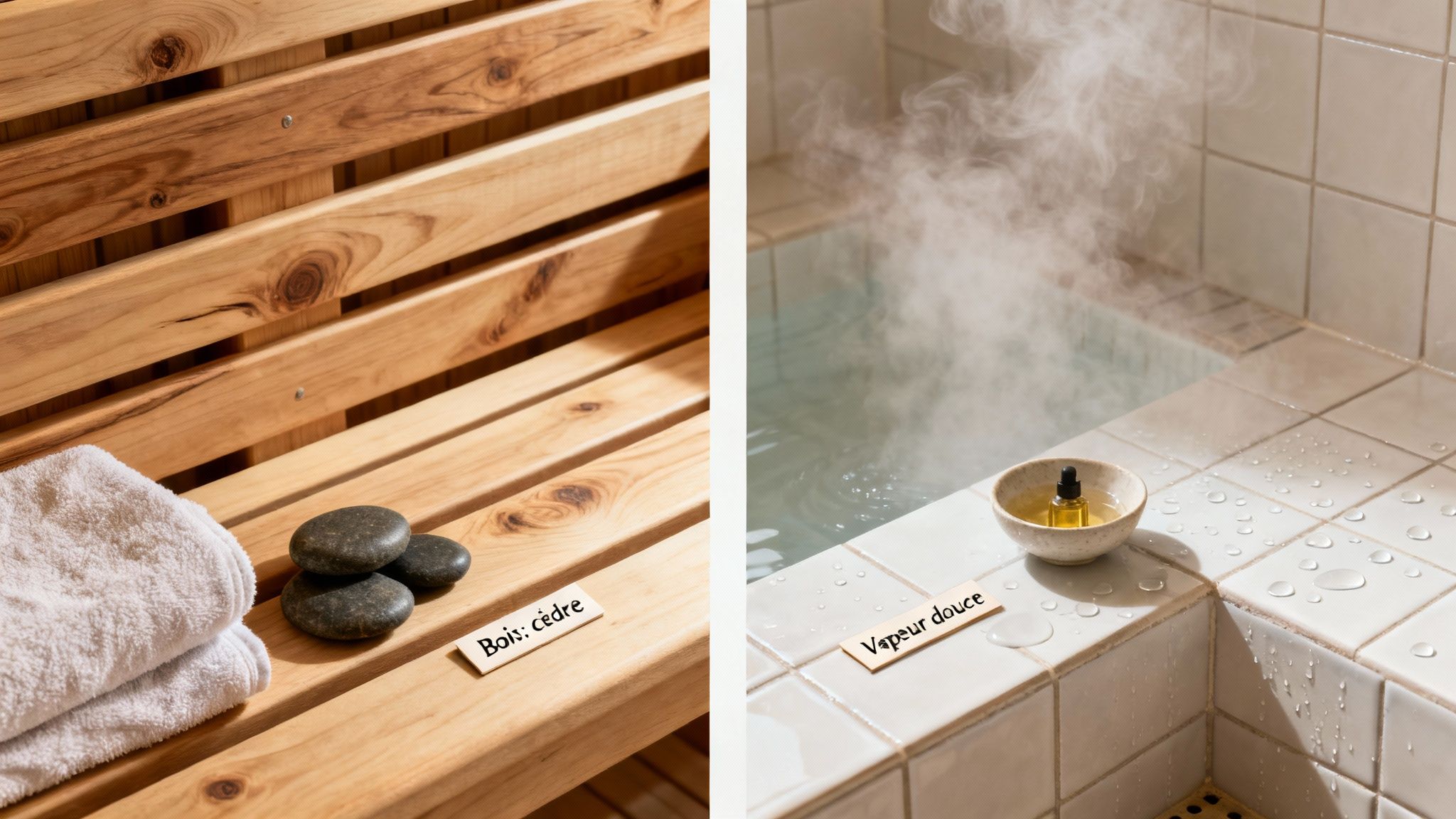 difference between sauna and hammam sauna hammam - Difference entre sauna et hammam: le guide pour choisir votre espace bien-être Banc de sauna en bois de cèdre avec serviettes et pierres chaudes; baignoire carrelée à vapeur douce avec huiles essentielles.
