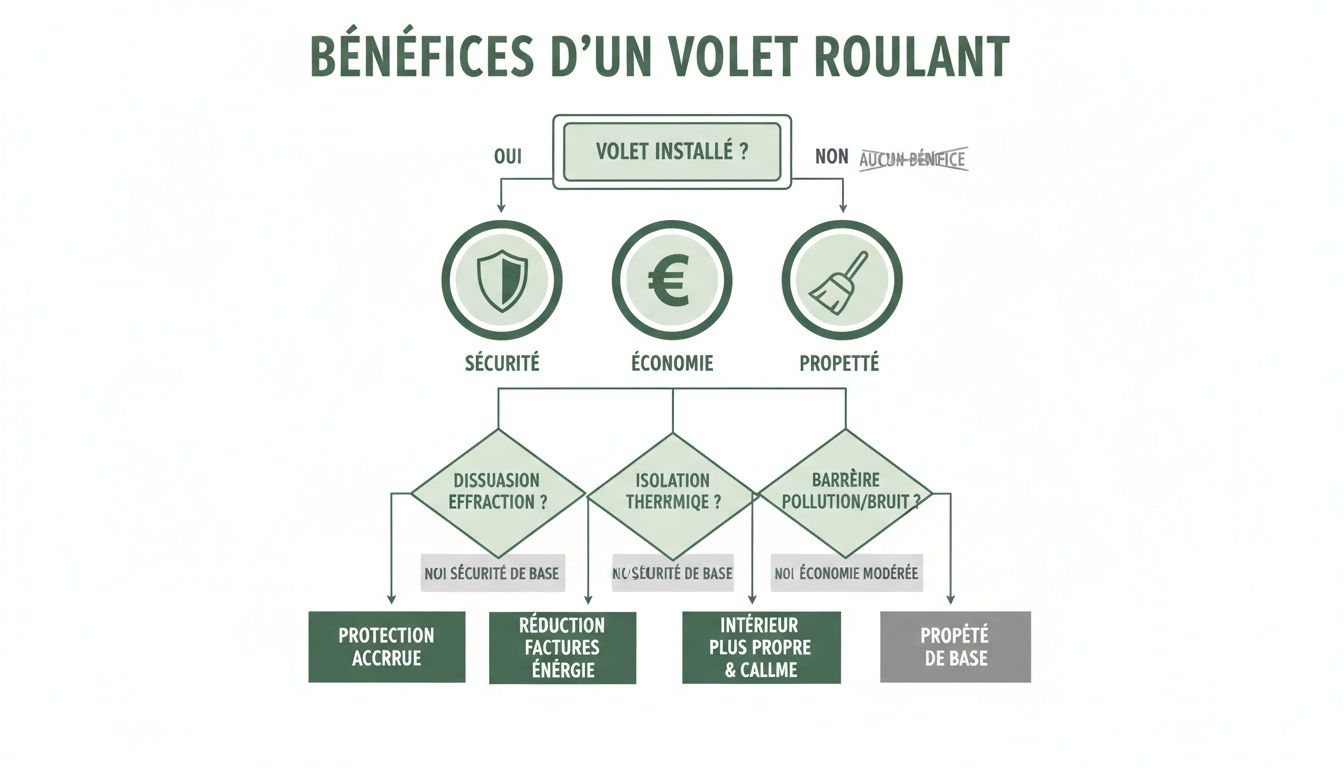 shutter for pool benefits flowchart - Le guide complet pour choisir la meilleure protection pour votre espace bien-être Diagramme des avantages d'un volet roulant, incluant sécurité accrue, économie d'énergie et propreté.