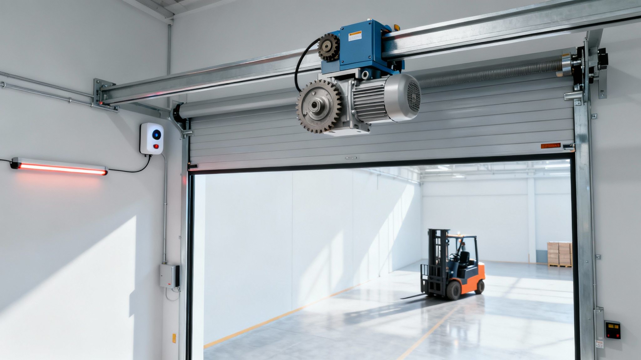Porte industrielle sectionnelle grise, partiellement ouverte, avec moteur, lumière d'avertissement rouge et chariot élévateur dans un entrepôt moderne.