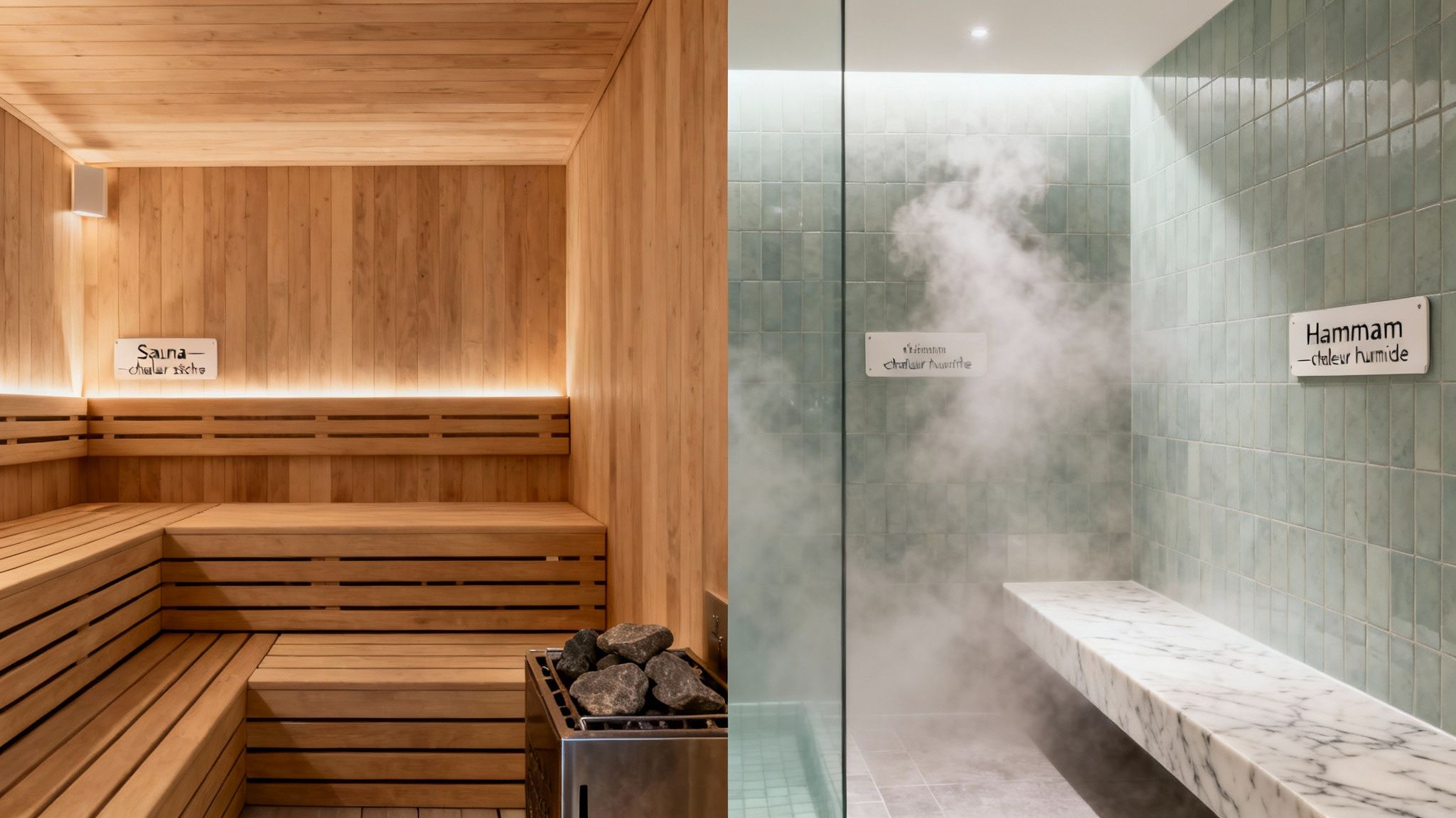 difference between sauna and hammam sauna hammam - Quelle différence entre sauna et hammam pour votre espace bien-être Vue comparative d'un sauna traditionnel en bois et d'un hammam rempli de vapeur avec banc en marbre.