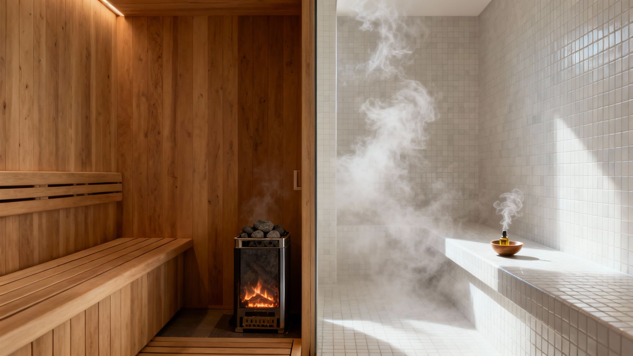 sauna or hammam sauna hammam - Sauna ou hammam lequel choisir pour votre bien-être Vue d'un sauna en bois avec un poêle et un hammam en carrelage blanc avec de la vapeur et un diffuseur d'huiles essentielles.