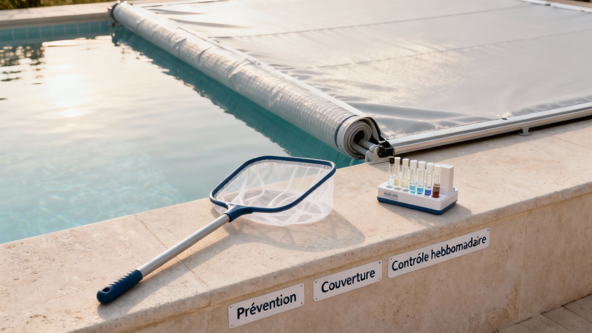 anti algae for pool pool maintenance - Le guide complet de l'anti algues pour piscine, spa et bain nordique Kit de tests d'eau colorés et épuisette pour piscine, posés sur le rebord d'une piscine avec couverture enroulée.